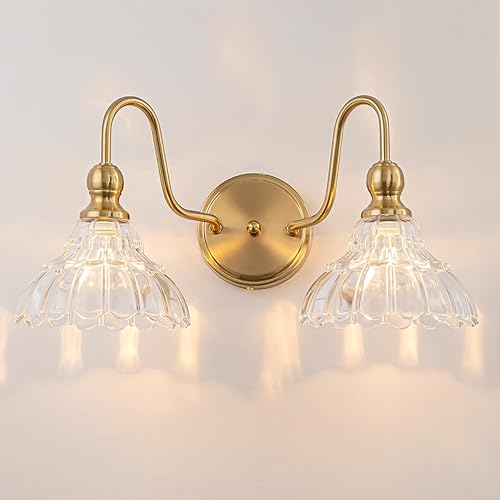 Lámparas de baño vintage sobre espejo, aplique de pared de latón de 2 luces con pantalla de vidrio de flores, luces de tocador de granja para