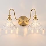 BrkNit Vintage Bathroom Light Fixtures Over Mirror, 2-Light Brass Wall Sconce Lighting with Flower Glass Shade, Farmhouse Vanity Lights for Bedroom Kitchen Living Room Hallway Light