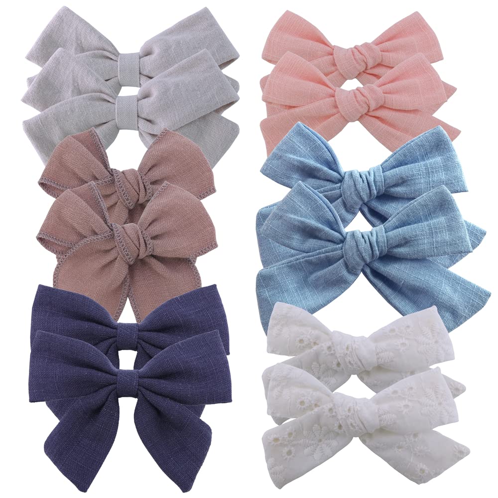 Pack of 12 Assorted Linen Bow Hair Clips for Baby Girls Hair Bows Alligator Clips Accessories Infants Toddler Kids Mom Hairgrips (Blue/White)