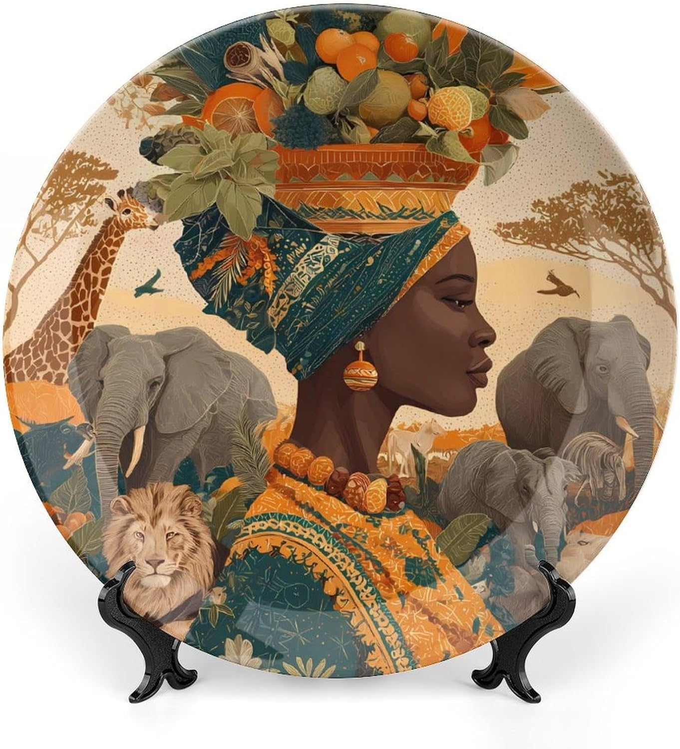 Savanna African Woman Animal World Decorative Plates for Display Ceramic Plate Tray with Stand Hanger Home Decor