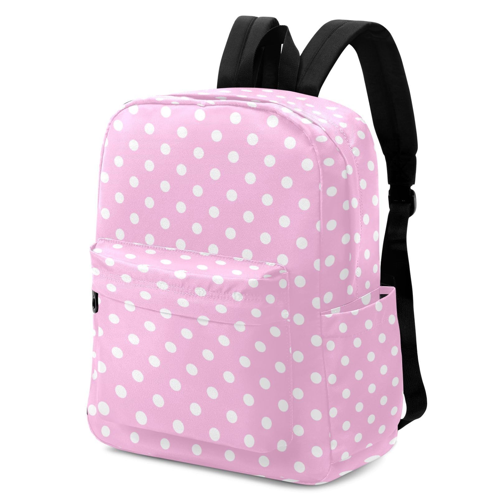 Peystean Cute Pink White Polka Dots Large Canvas Backpack Durable Travel Shoulder Daypack for Unisex School Bookbag Beach Work Hiking Fit 16.5 Inch