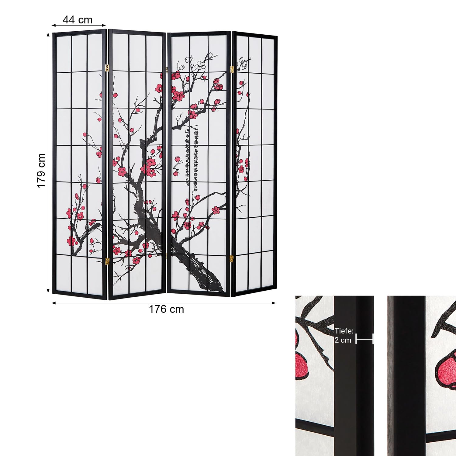4 pan Pliante modèle de cloison - cloison Bois Shoji en Noir avec des Fleurs de Cerisier - Salle écran