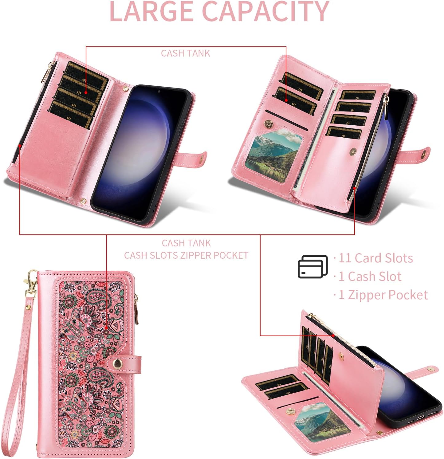 for Samsung Galaxy Z Fold 6 5G 2024 Floral Wallet Case with Wrist Strap Shoulder Strap Zipper Purse, PU Leather Flip Credit Card Holder Stand Phone Cover for ZFold6 Z6 G Fold6 6Z Women Pink