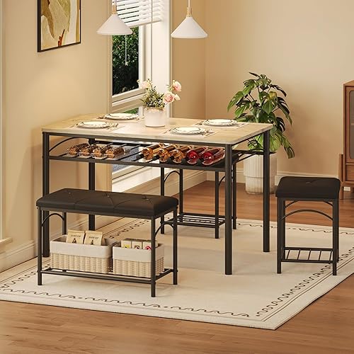 Miniatura 6 de GarveeHome Juego de mesa de comedor para 4 personas con bancos tapizados y 2 taburetes, moderna mesa de desayuno de cocina que ahorra espacio, ideal
