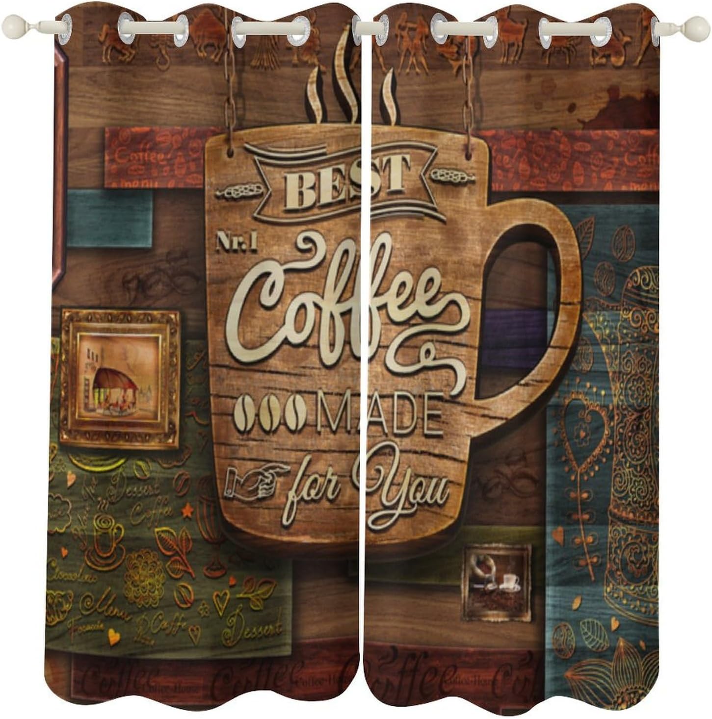 Coffee Blackout Curtains, Brown Coffee Shop Logo Splicing Pattern Cartoon Decor Window Treatments, Grommet Drapes for Living Room Bedroom Kitchen, 52x84inch (2 Panels)