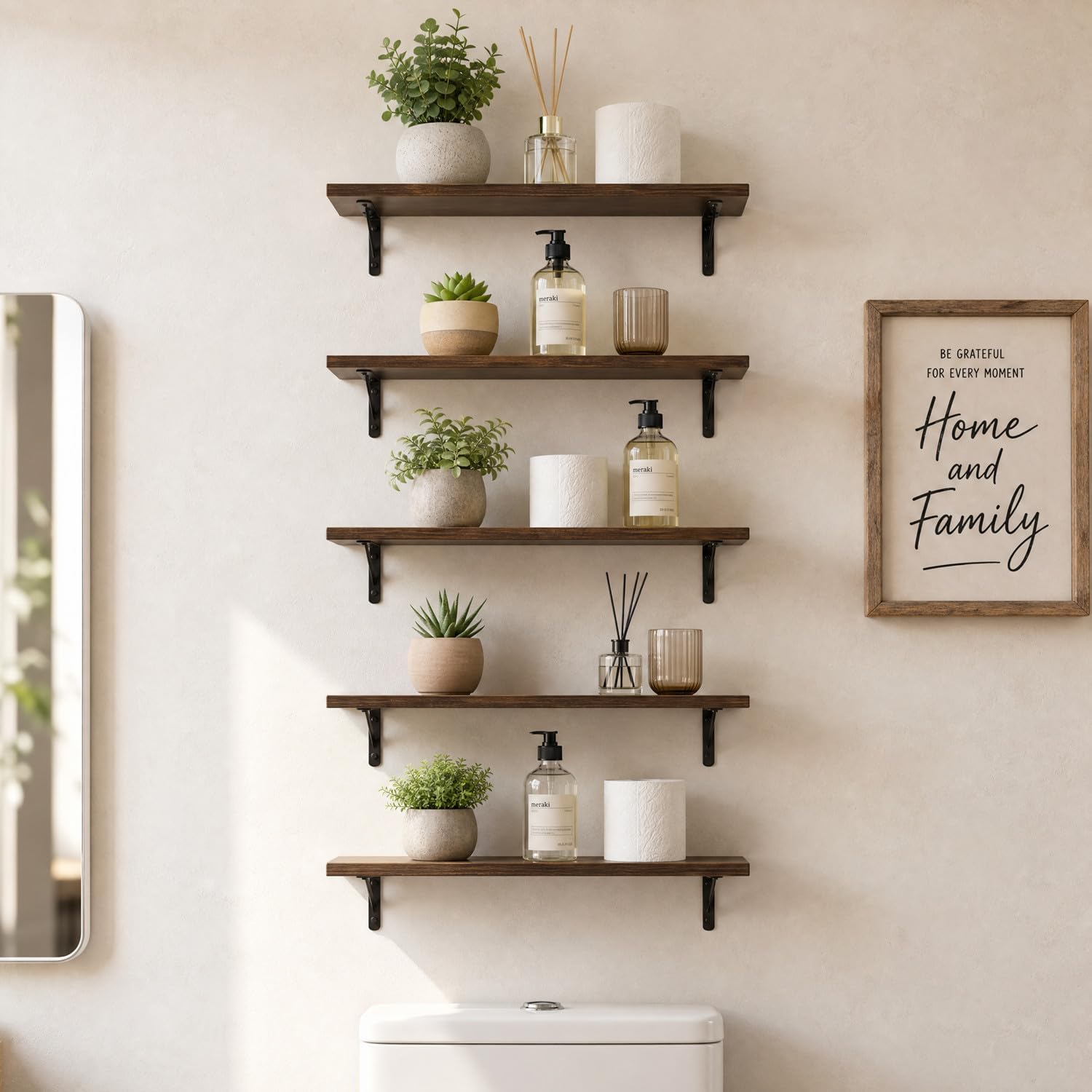 Floating Shelves for Wall Decor Set of 5, Rustic Brown Wall Mounted Shelves | 4.6"D x 15.8"W x 3.5"H Floating Shelves for Bedroom, Living Room, Kitchen, Bathroom, Home Decor
