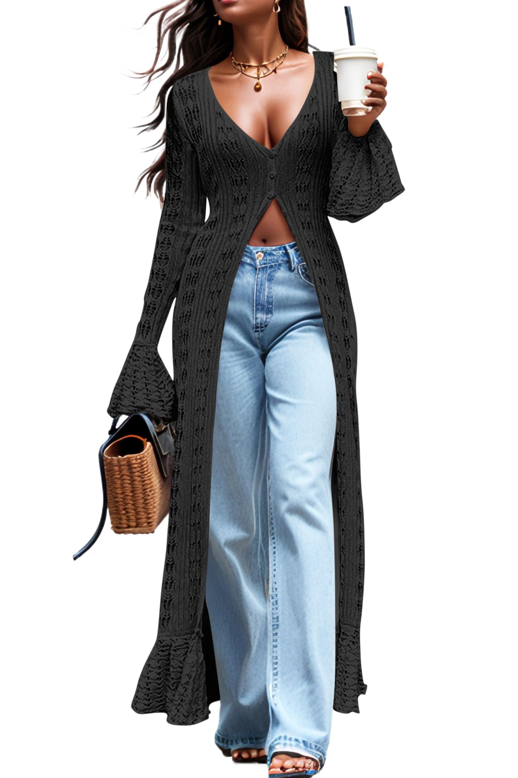 Maxi Long Cardigan Sweaters for Women Lightweight Crochet Bell Long Sleeve Ruffle Summer Beach Cover Up Fall Dress