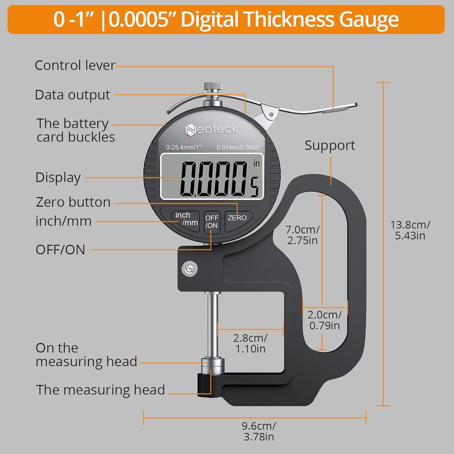 Neoteck Digital Thickness Gauge 1inch/25.4mm,0.0005inch/0.01mm LCD Display with Inch/MM Conversion One-Hand Quick Press Thickness Measuring Tool for Leather Paper Fabric Film etc.-Silver-Black