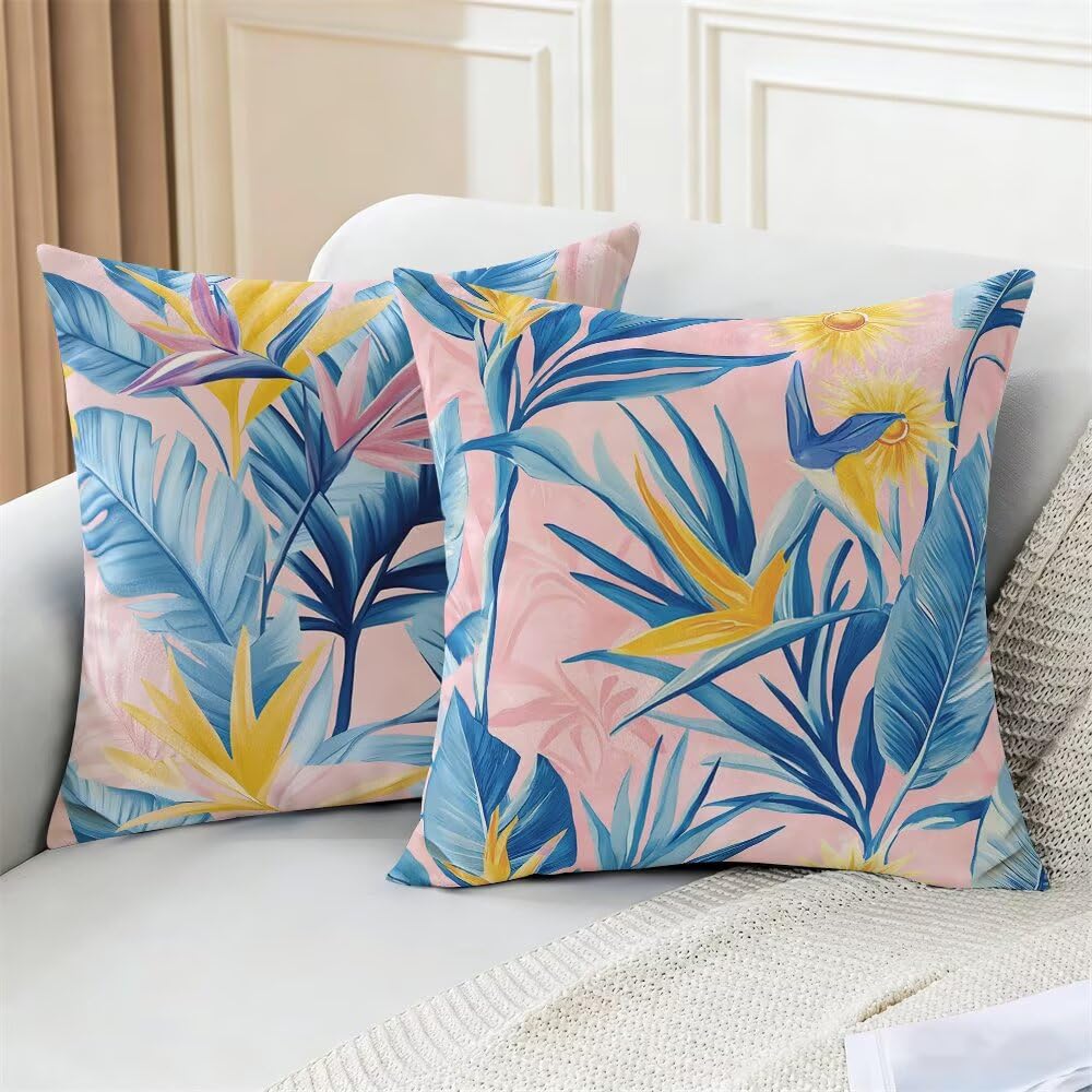 Federe Cuscini Divano 65x65 cm Federe Morbido Copricuscini Rosa in Velluto, 2 Pezzi Copri Cuscini per Divano Primavera Estate Federa Cuscino Piante Tropicali per Camera da Letto Soggiorno (IU71)