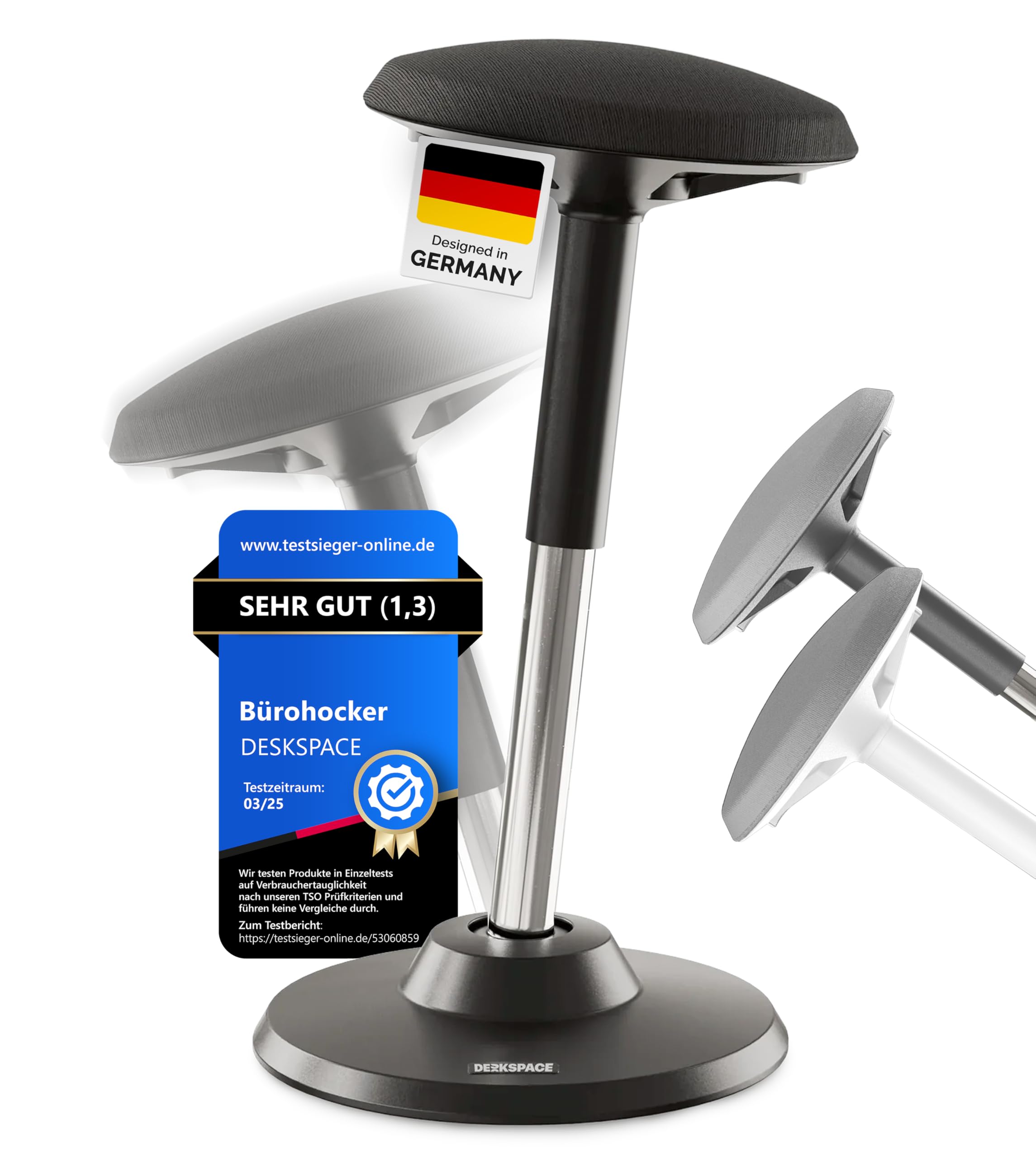 Motion Sitzhocker - Stehhocker höhenverstellbar, ergonomischer Hocker bis 140kg mit CushCloud-Polsterung, Gasfeder & 3D-Sitzmechanik, Bürohocker ergonomisch, Wackelhocker Stehstuhl (Schwarz)