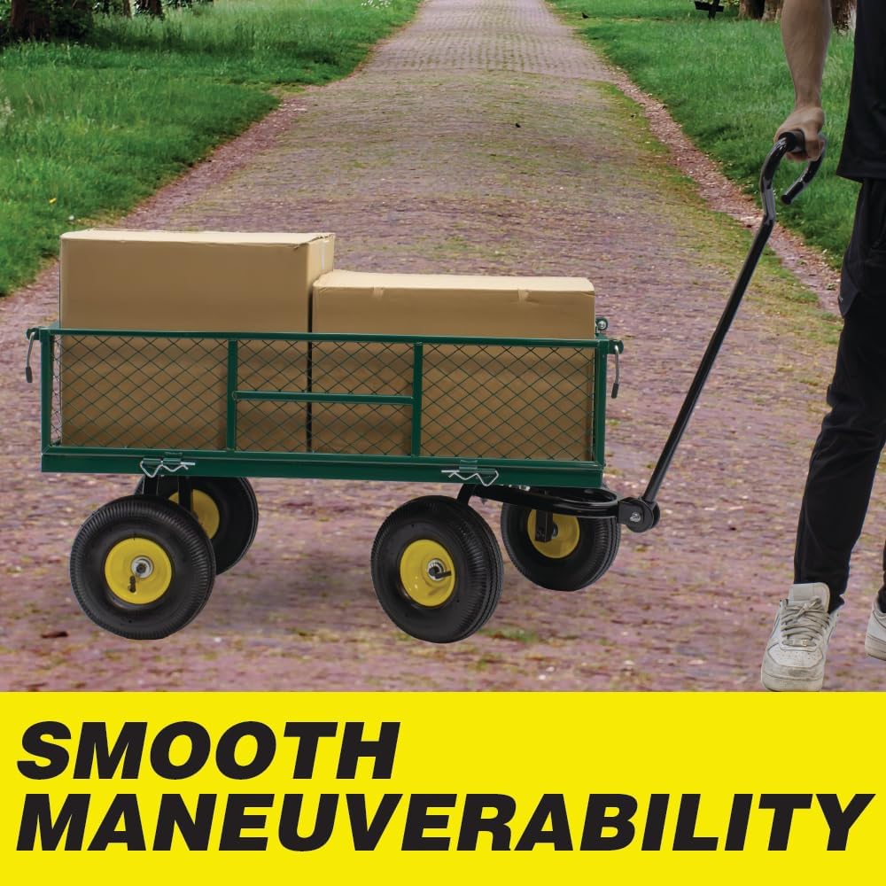 Lauco Garden Cart Heavy Duty Steel with Removable Mesh Sides to Convert into Flatbed, Utility Carts with Wheels, Yard and Garden Wagon, 600 Lb, Green