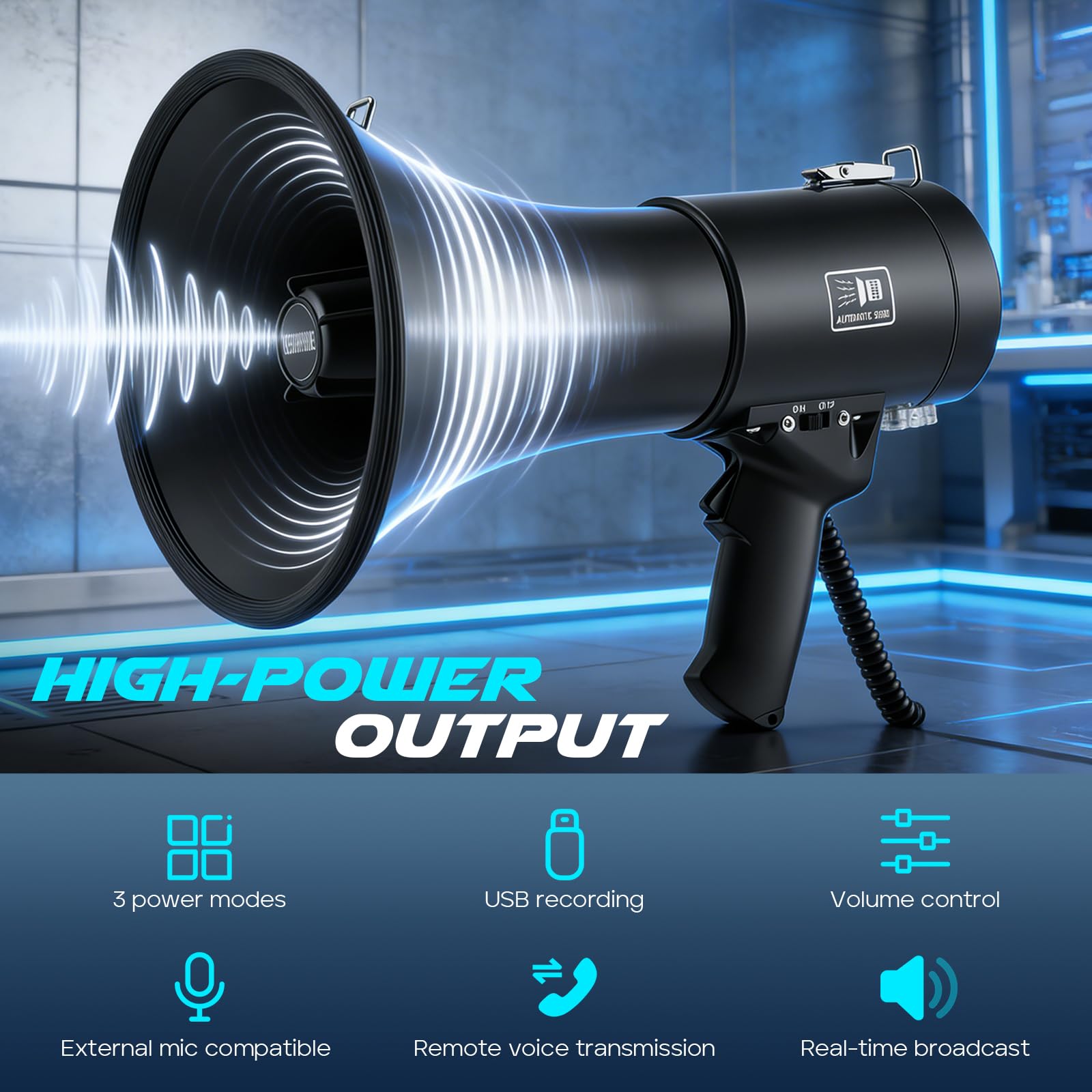 Mégaphone 150 W avec Bluetooth et fonction d'enregistrement – Mégaphone avec sirène et microphone, portée jusqu'à 2000 m, haut-parleur stéréo à 360 °, lecture USB, 3 types d'alimentation