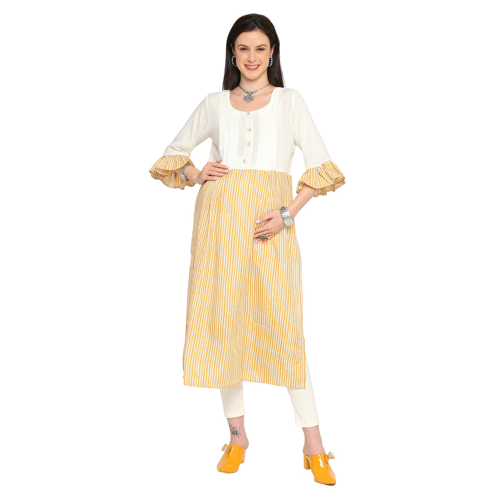 Rayon Cotton Striped Maternity Kurta|Yellow-image-32