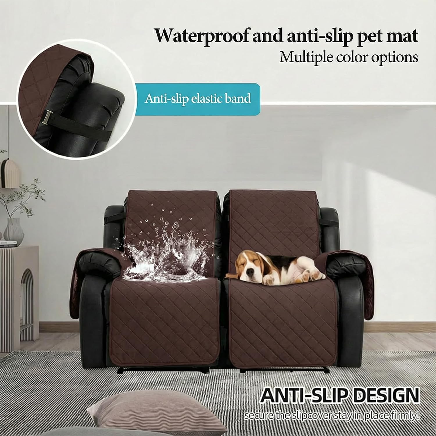Sofa Covers for Couches and Armchairs - 2 Seater Furniture Protector, Super Soft Recliner Chair Cover with Adjustable Clamping Straps (Coffee Brown)