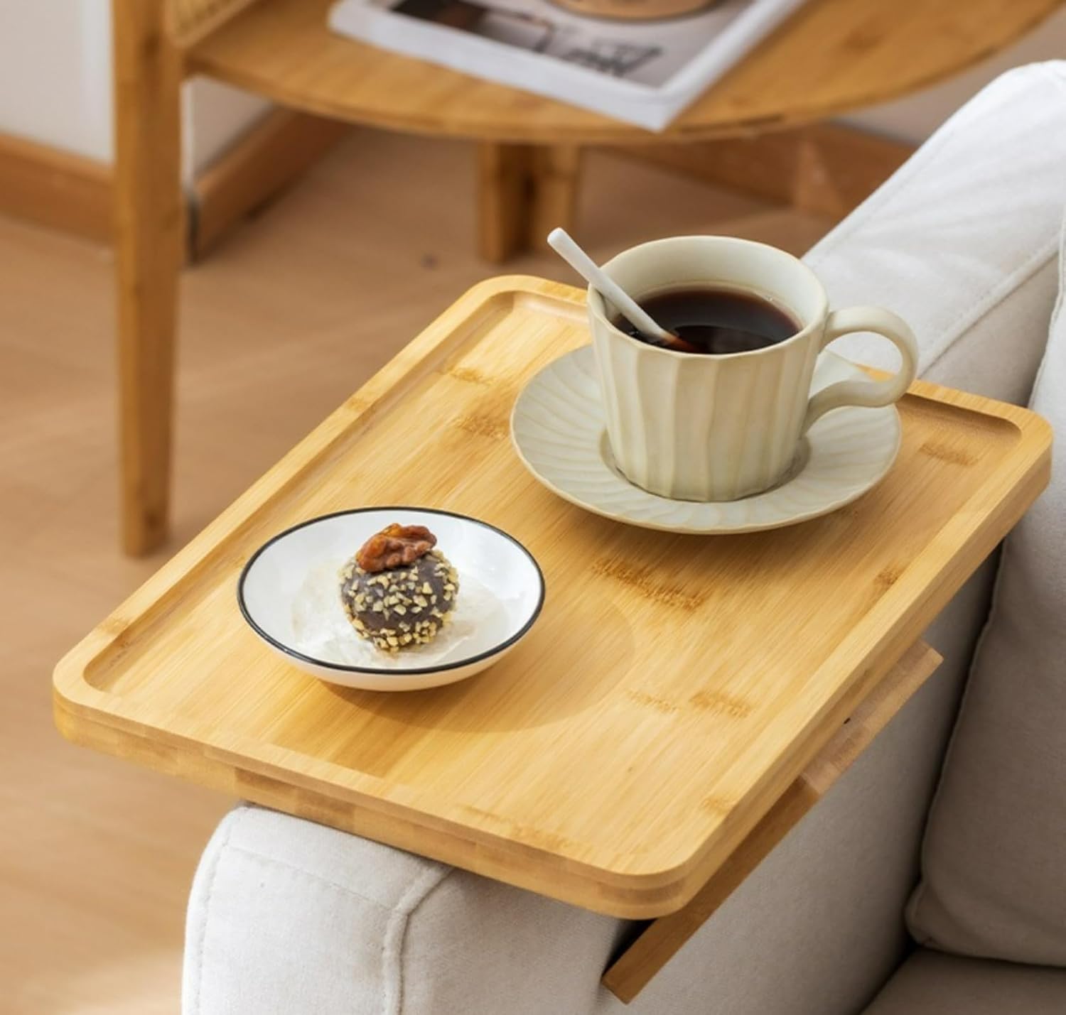 Wooden Folding Sofa Table Armrest Tray Small Space Saving Coffee for Living Room Compact Home Furniture Side (Log)