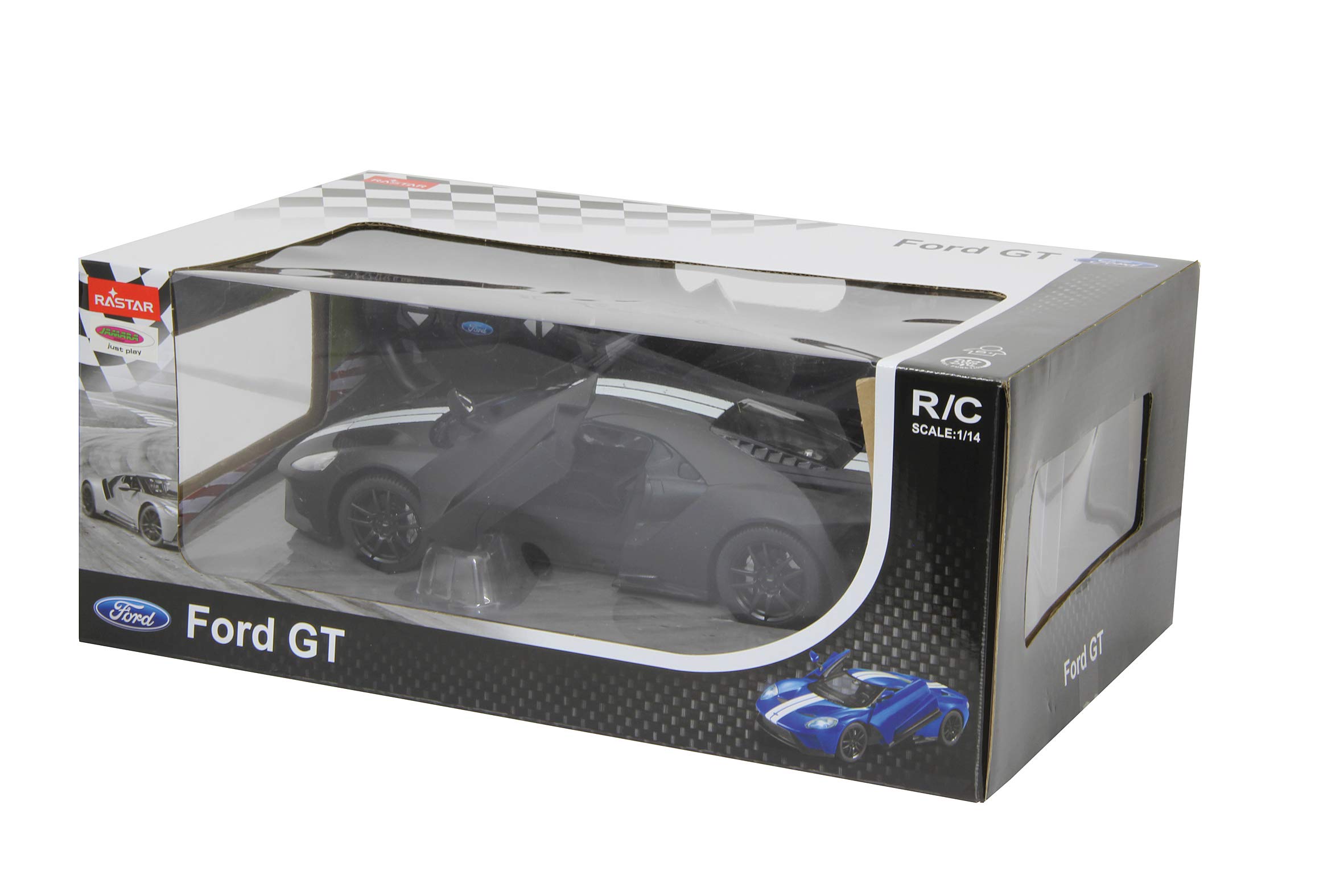 Jamara 405159 – Ford GT 1:14 czarne matowe drzwi ręczne 40 MHz – samochód RC oficjalnie licencjonowany, ok. 1 godzina jazdy, 9 km/h, szczegółowe wnętrze, wysokiej jakości wykonanie, światło LED