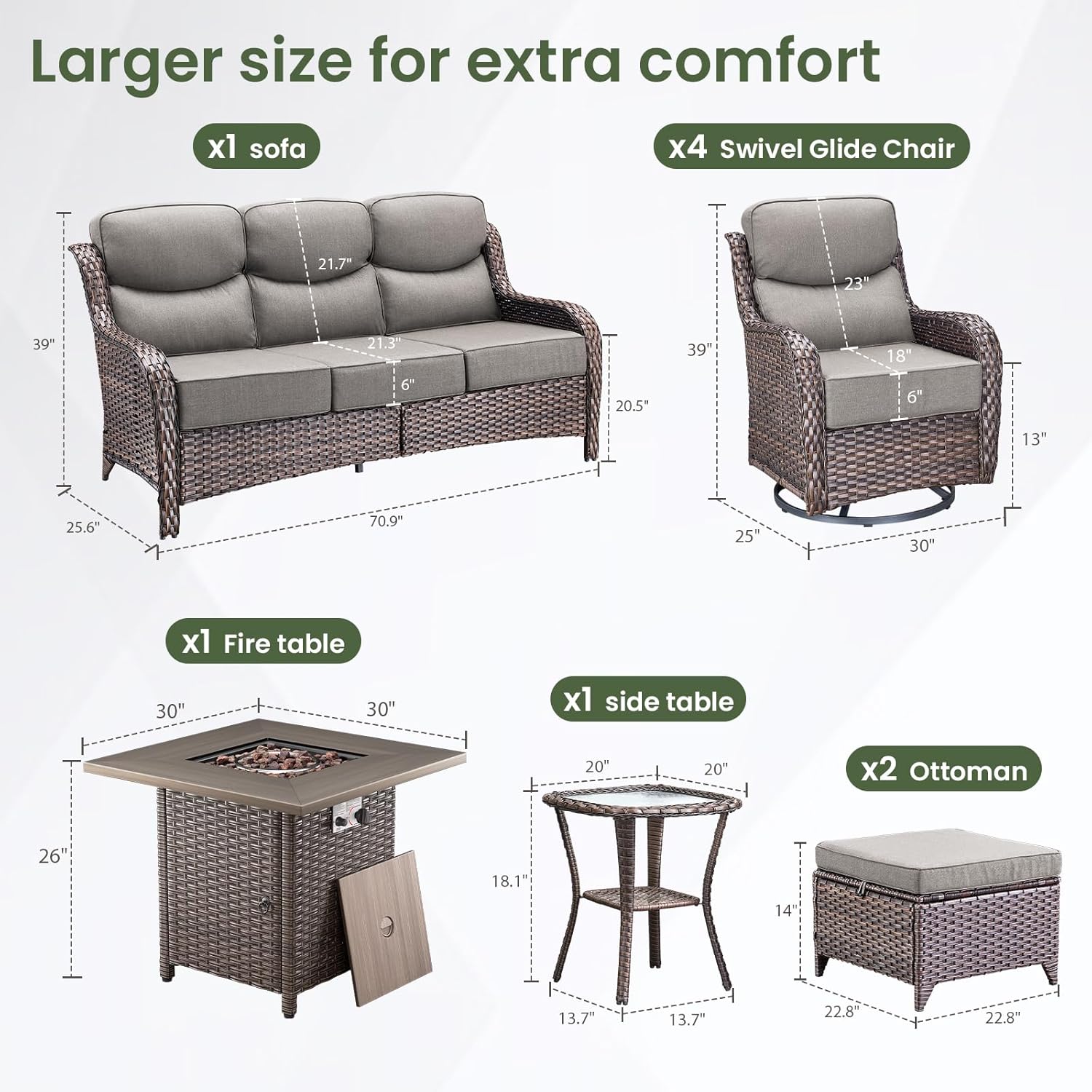 Luxury Patio Furniture Set with 6-inch Thick Cushion, Outdoor Furniture with Fire Pit Table, Swivel Chairs, Sofa, Side Table, Ottomans, 9pcs Wicker Conversation Set for Deck Yard and Poolside(Grey)