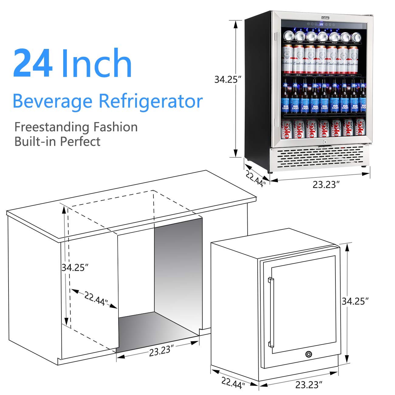Image showing removable metal shelves of the beverage cooler, with a diagram illustrating how different sizes of cans and bottles can be efficiently stored.