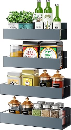 Miniatura 8 de Vetacsion Paquete de 4 estantes magnéticos para especias para nevera, color gris metálico