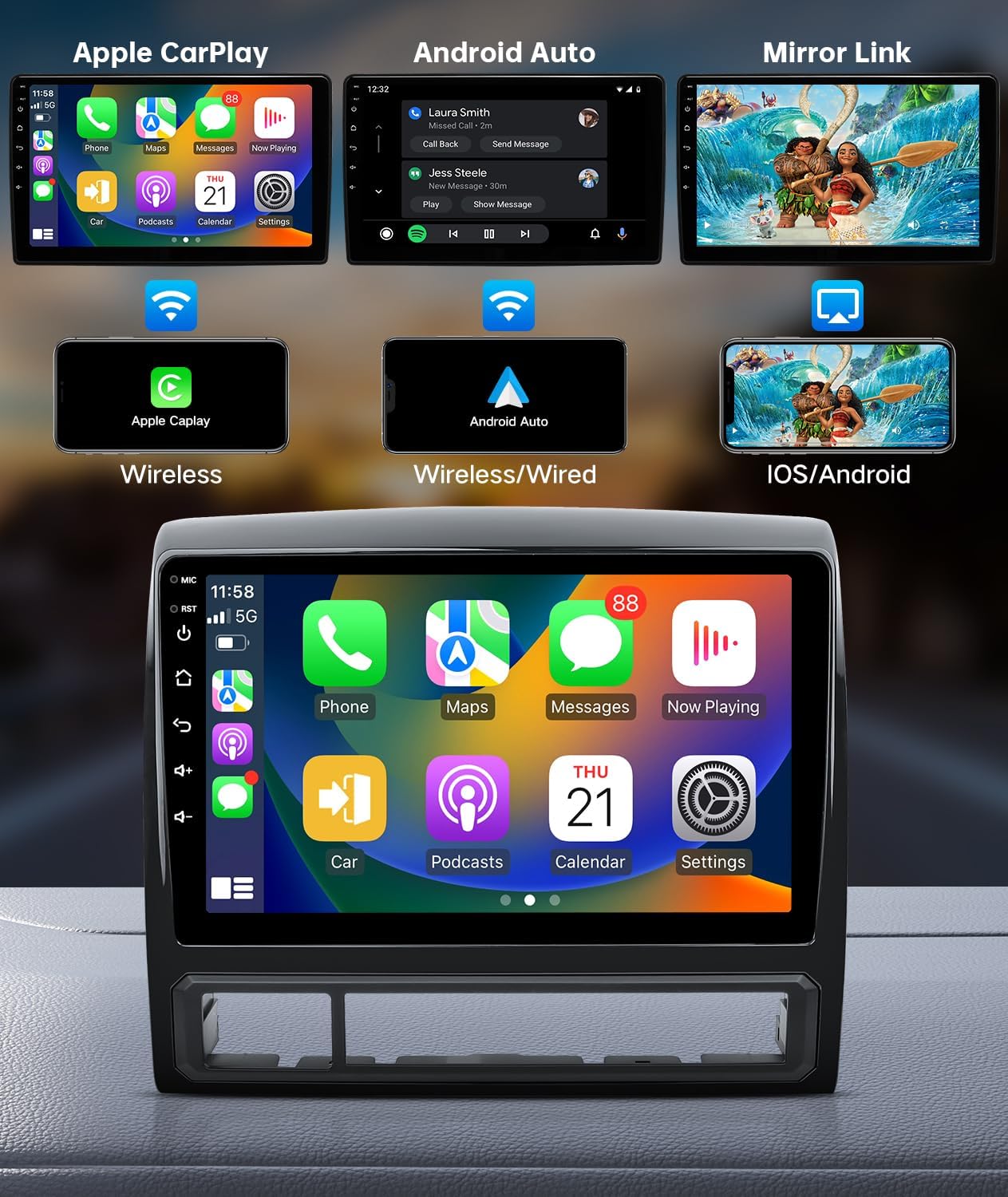 Wireless Apple Carplay Stereo for 2013-2015 Toyota Tacoma with JBL AMP, 9" QLED HD Touch Screen Head Unit 6G+128G with Android Auto, WiFi, DSP, SWC, AM FM Radio (CAN004-X)