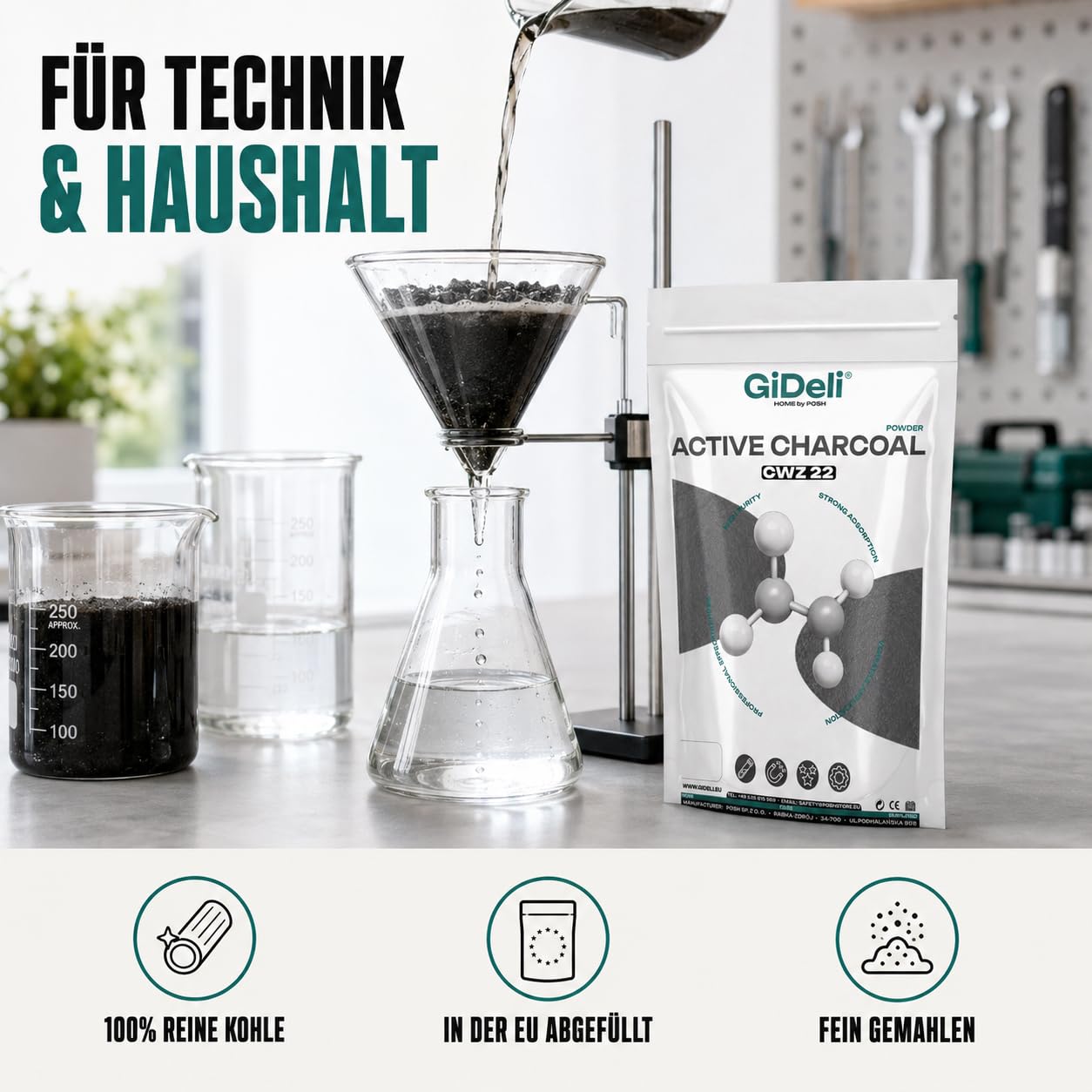 GiDeli CWZ-22 węgiel aktywny w proszku 3 x 5 kg – węgiel aktywny w proszku 100% czysty do kosmetyków, higieny i filtracji – drobno zmielony z silną adsorpcją – do maski, pielęgnacji zębów i mydła