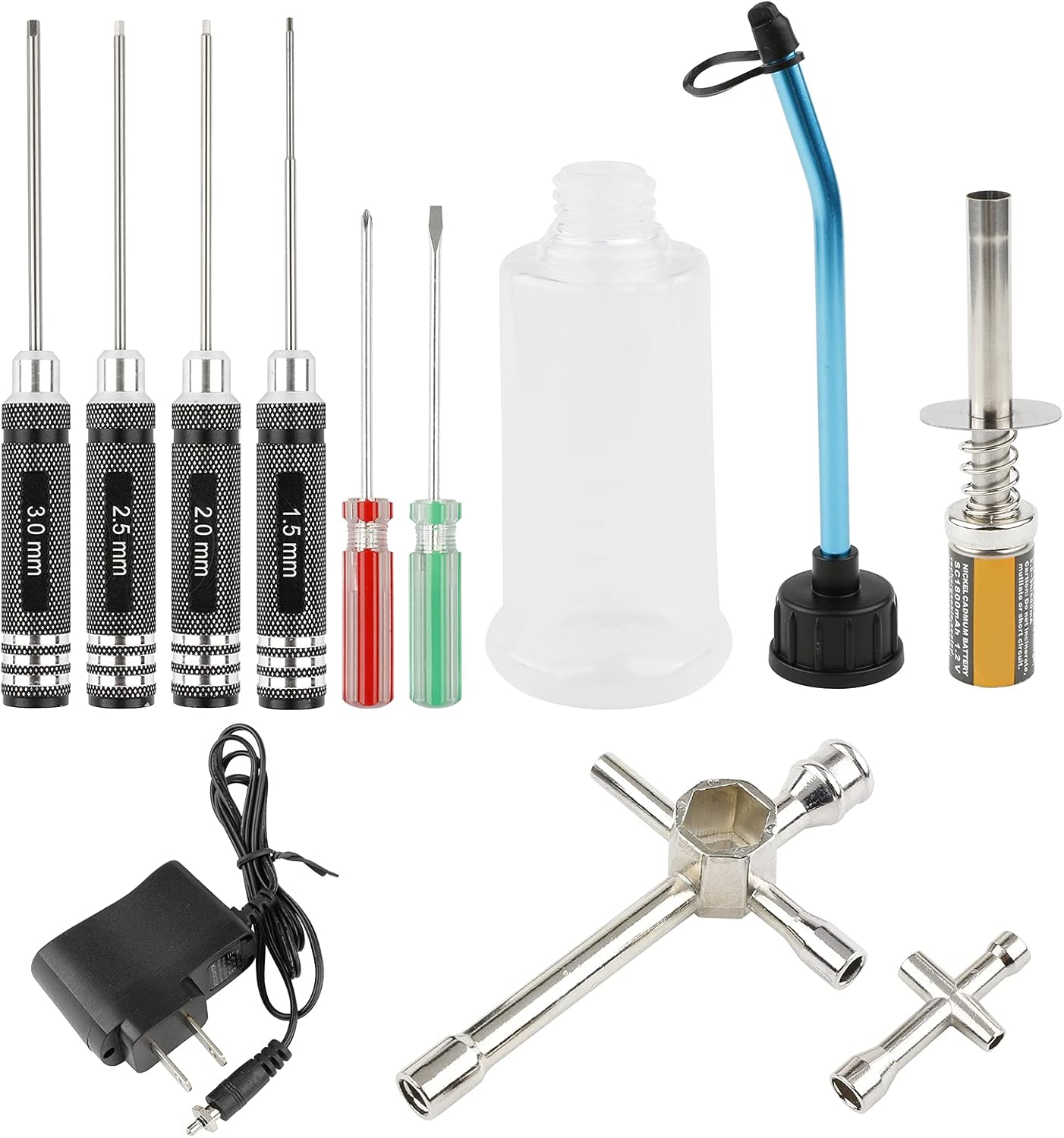 Nitro Starter Glow Plug Igniter Charger Screwdrivers Wrench Fuel Bottle Tools Combo for Nitro Powered 1/8 1/10 RC Car Buggy Truck HSP Redcat Traxxas etc