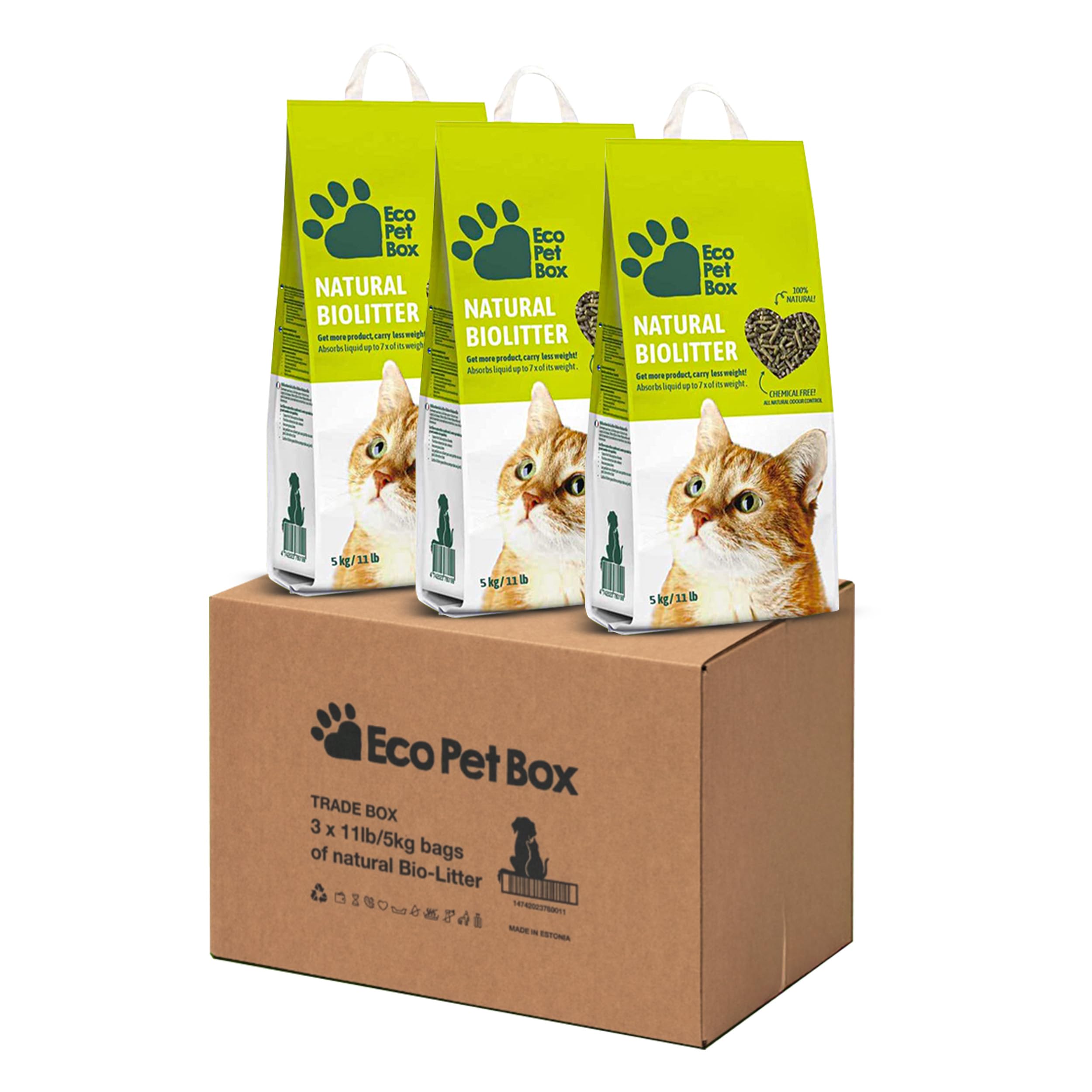 EcoPetBox Litière pour chat bio compostable 15 kg – Non agglomérante pour chats multiples, sans poussière, granulés de bois naturel pur