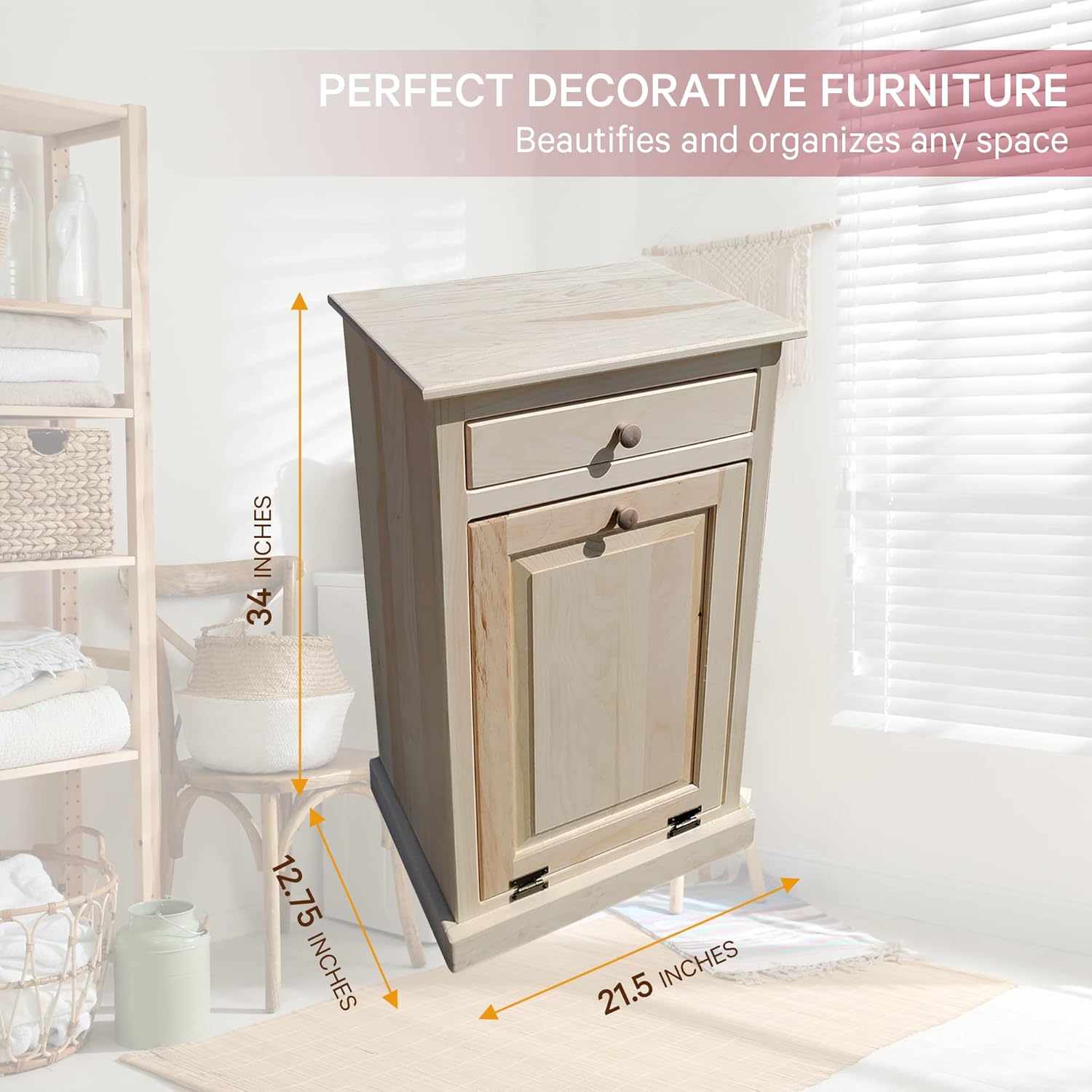 Peaceful Classics - Handmade Hideaway Cabinet - Decorative Bathroom, Office, and Bedroom Trash Can - Wooden Tilt Out Trash Bin (Unfinished)