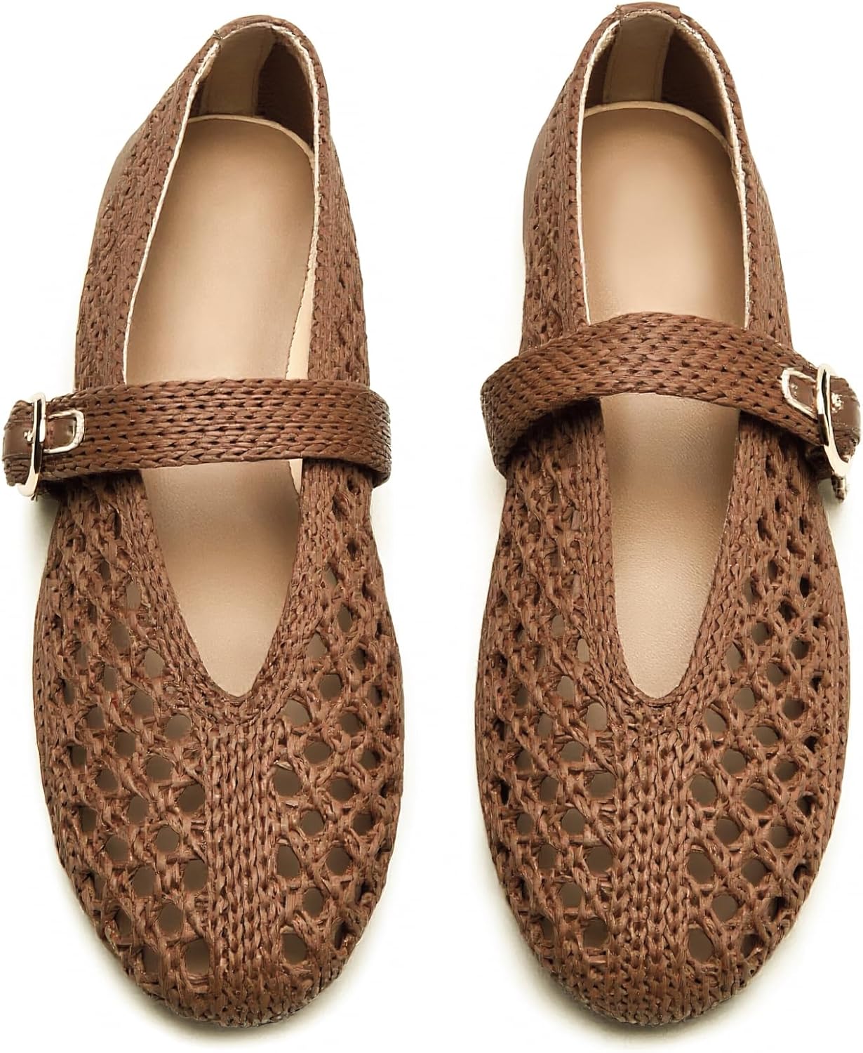 Woven Ballet Flats Women Mesh Raffia Flats Round Toe Mary Janes Comfortable Ballerina Flat Shoes