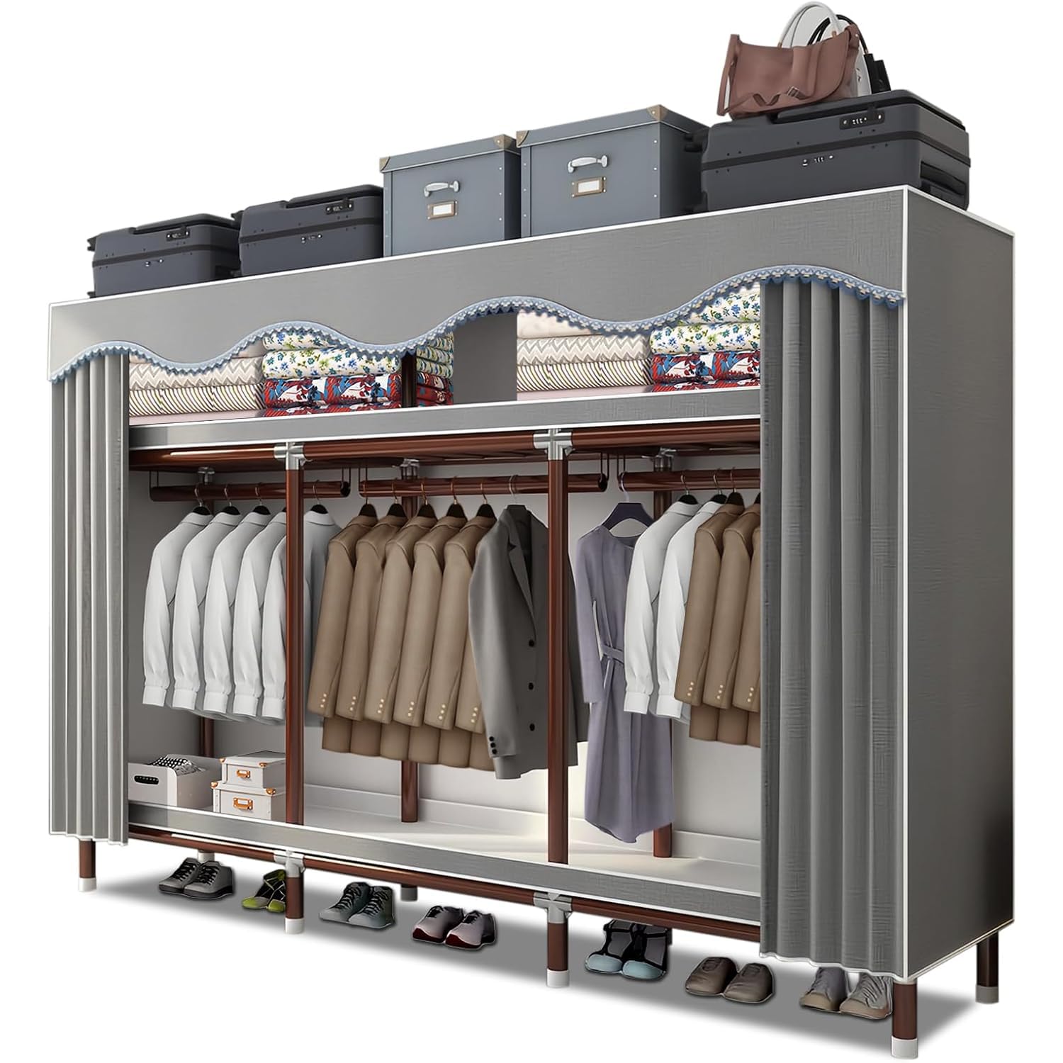 Armadio in Tessuto, Armadio Salvaspazio Guardaroba, Armadio Portatile Grigio, Armadio Guardaroba per Camera da Letto, Tubo in Acciaio per Elettroforesi Verniciato da 25 mm, 200 x 46 x 170 cm