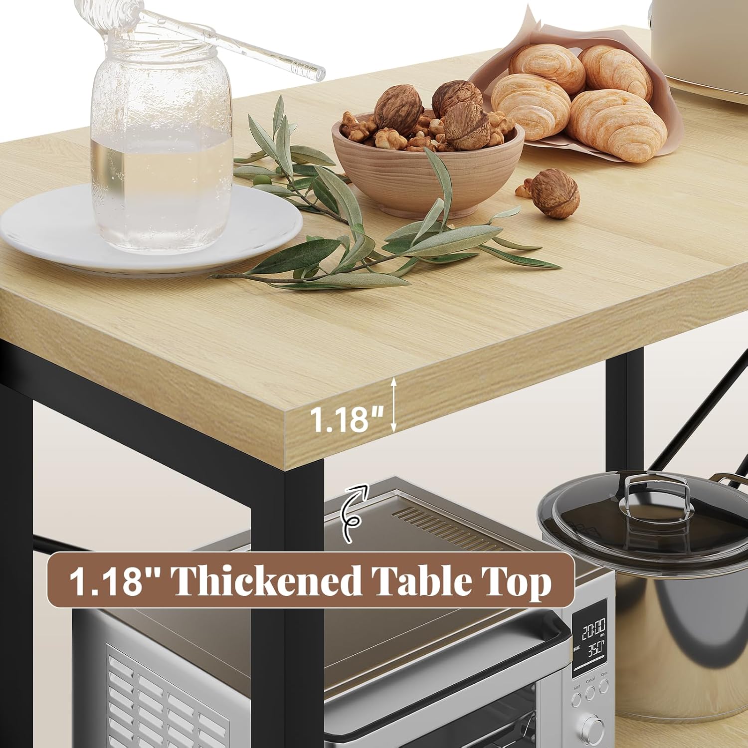 47” Kitchen Island with Storage, Large Bakers Rack with Power Outlet Microwave Oven Stand W/ 3-Tier Shelves & 8 Hooks for Pantry Organization, Metal Coffee Bar Table for Dining Living Room, Natural