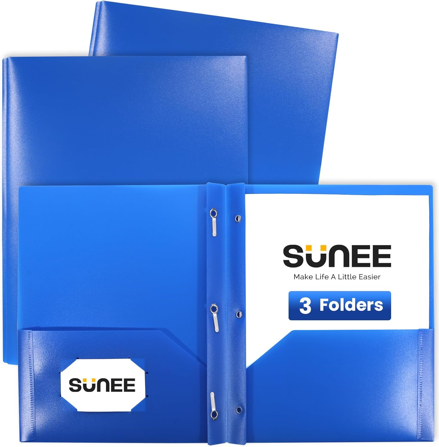 SUNEE 3 Pack Blue Plastic Folders with Pockets and Prongs, Letter Size, 9 x 11.5 in