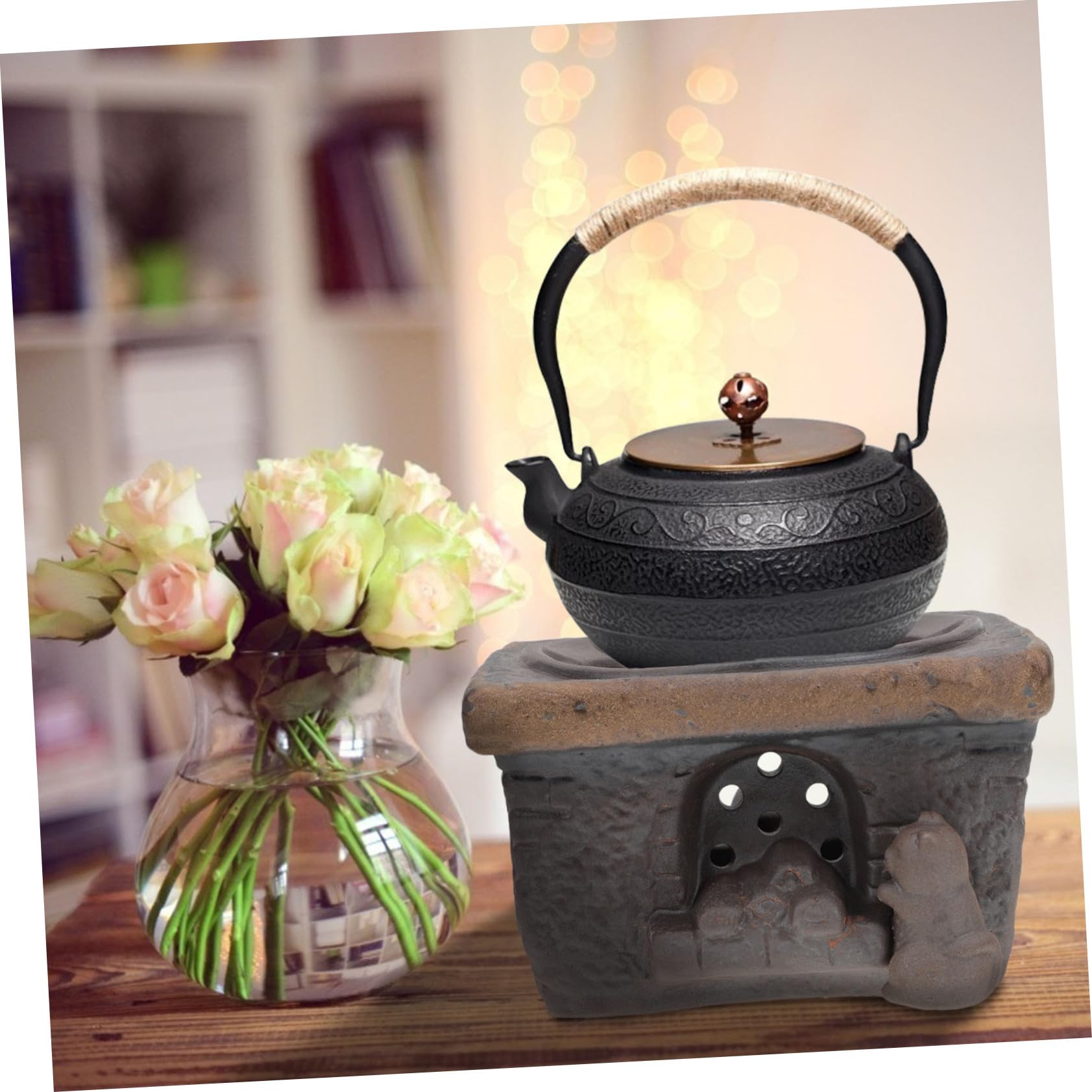 Calentador de Tetera de Cerámica Retro para Té y Base | Base de Estufa, Estilo Japonés, Conservación del Calor, Pieza de Sobremesa
