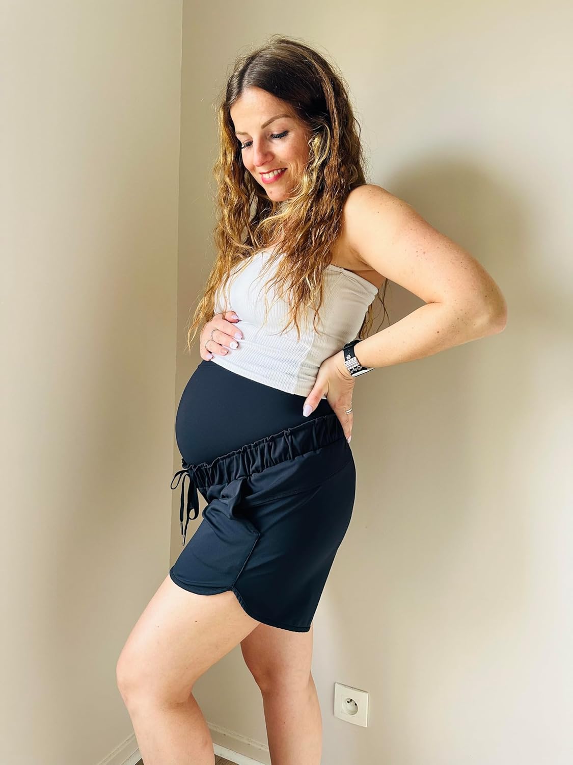 Maacie Maternity High Waist Shorts Drawstring Workout Shorts with Pockets - Image 2