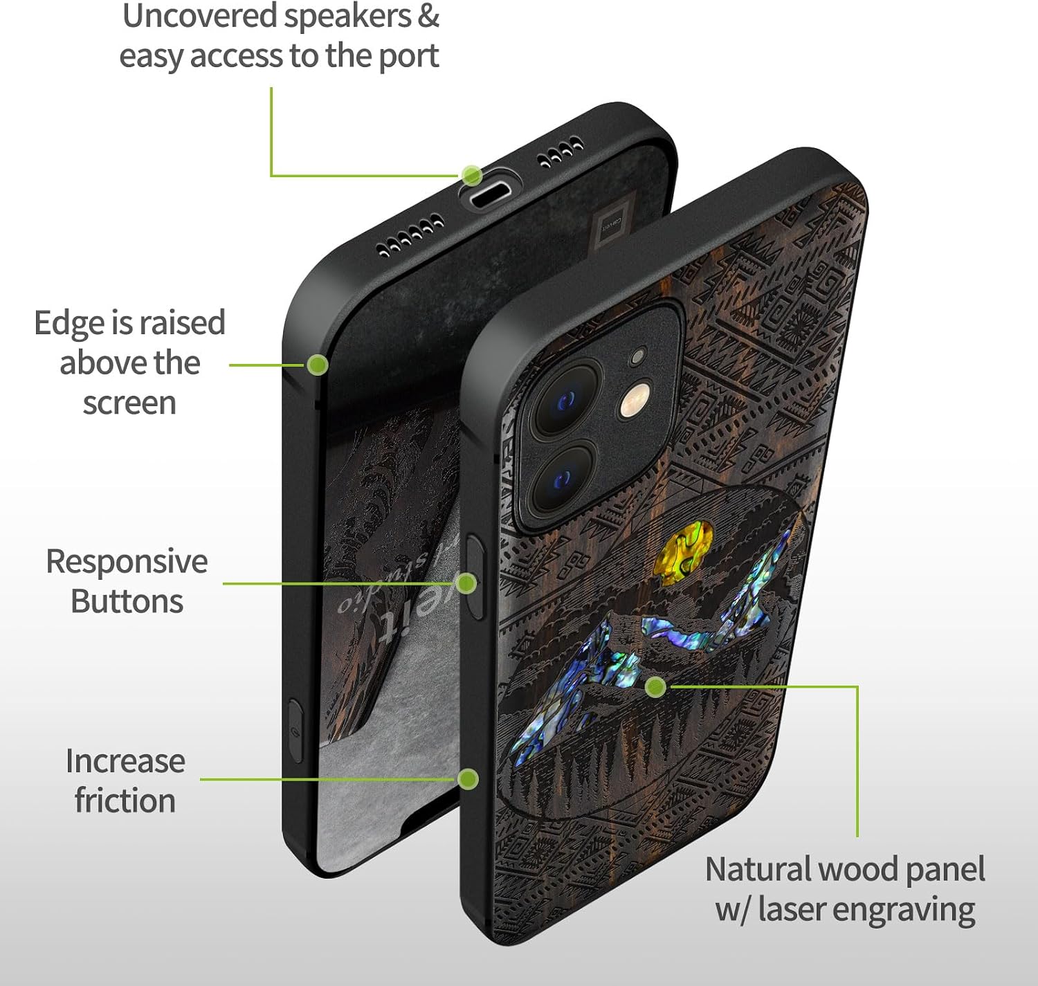 Carveit Designer Wooden Protective Case for iPhone 12 Magnetic Cover [Wood Engraving & Shell Inlay] Compatible with iPhone 12 MagSafe (Aztec Style Alpine Lakes-Blackwood)