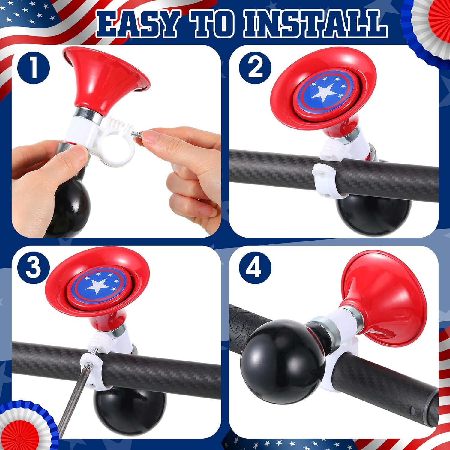 4th of July Bike Decoration Kit Red White and Blue Bicycle Streamers Ribbon Tassels Horn Parade Patriotic Bicycle Assessories for Independence Day Bike Parade Party Favors
