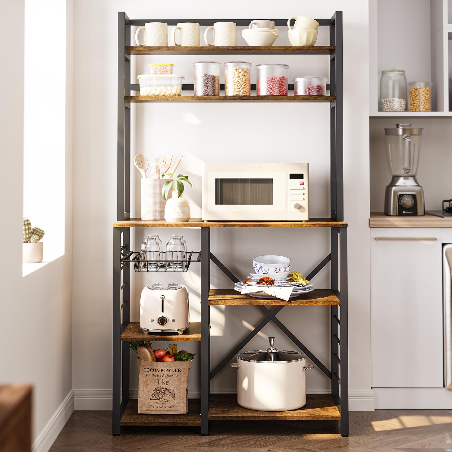 Bealife Scaffale da Cucina per Panetteria, Scaffale a 5 Ripiani con Ganci Laterali e Cestello in Filo, Scaffali in Legno e Metallo, Stile Industriale, 80,5x40,1x169,2 cm (Retro)