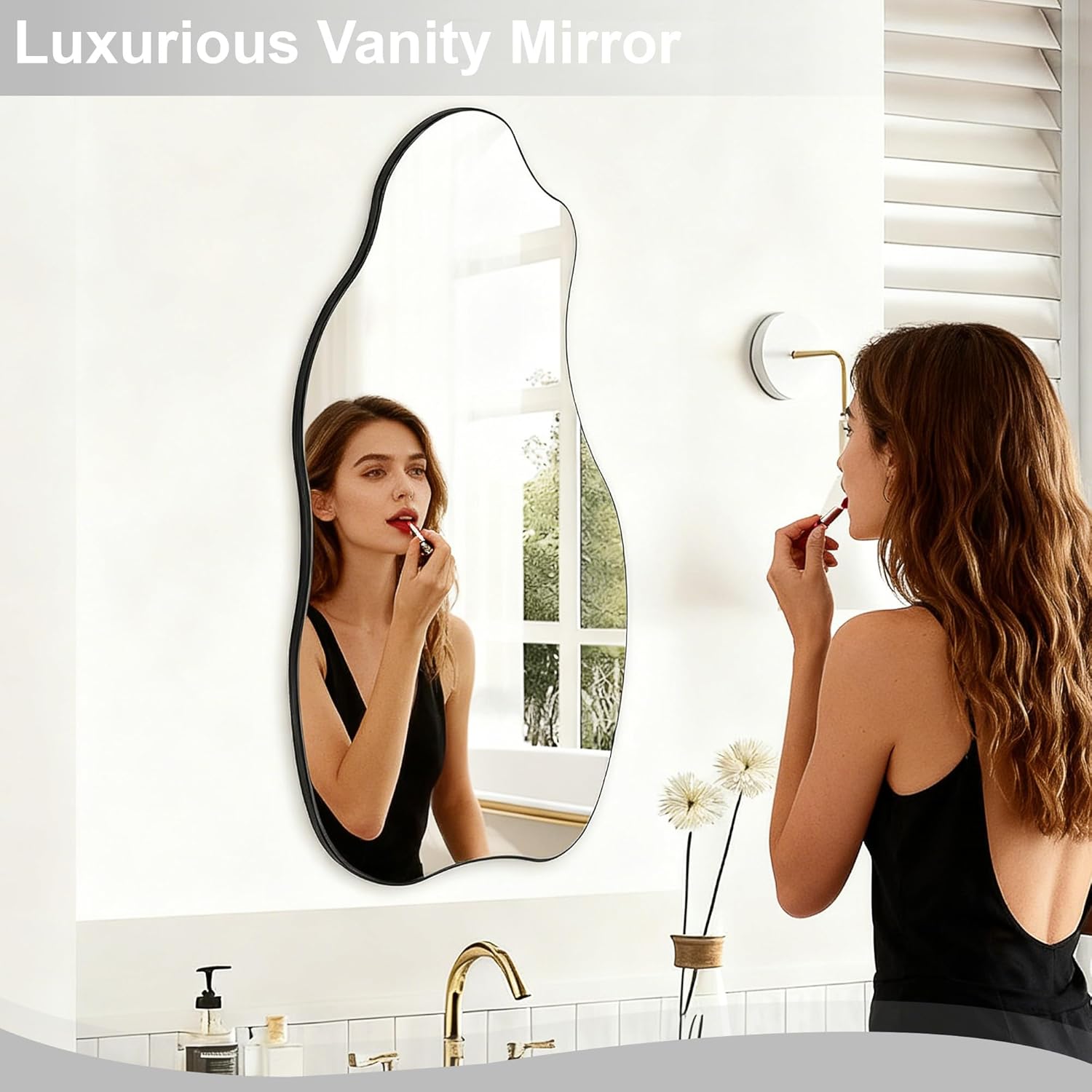 32x18'' Frameless Asymmetrical Bathroom Mirror, Irregular Wall Mirror, Wavy Vanity Mirror for Modern Bathroom, Bedroom, Entryway and Living Room Decor
