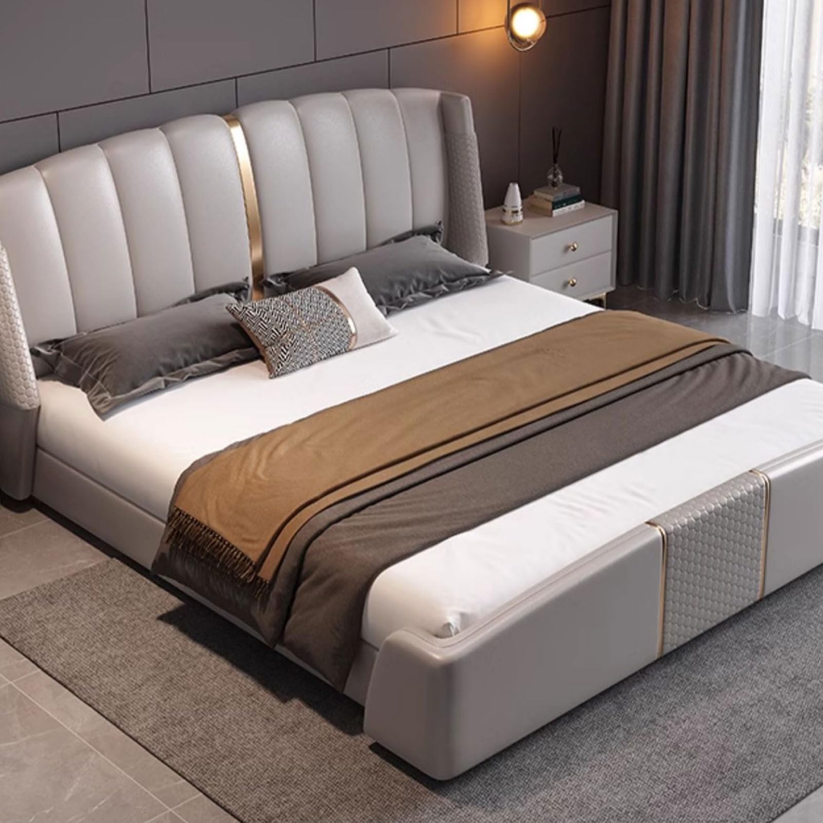 Gray King Size Upholstered Platform Bed Frame Thick Padded Headboard with Wingback Headboard and Storage Drawers Strong Wooden