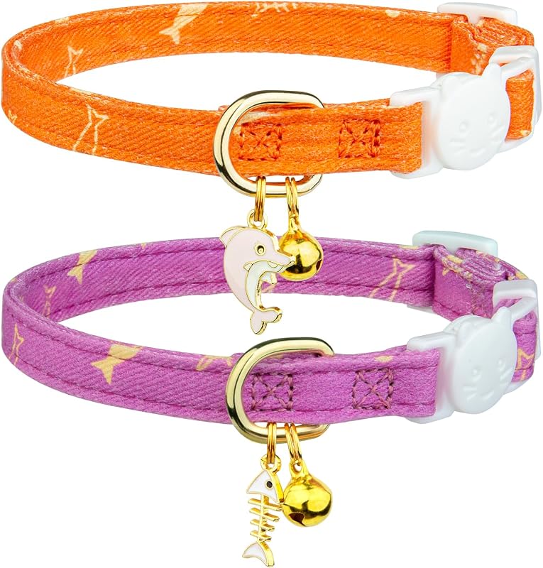 Coleira para Gatos de Algodão com Fivela Breakaway e Sino FYEQYAOU, Laranja e Roxa, Pacote com 2