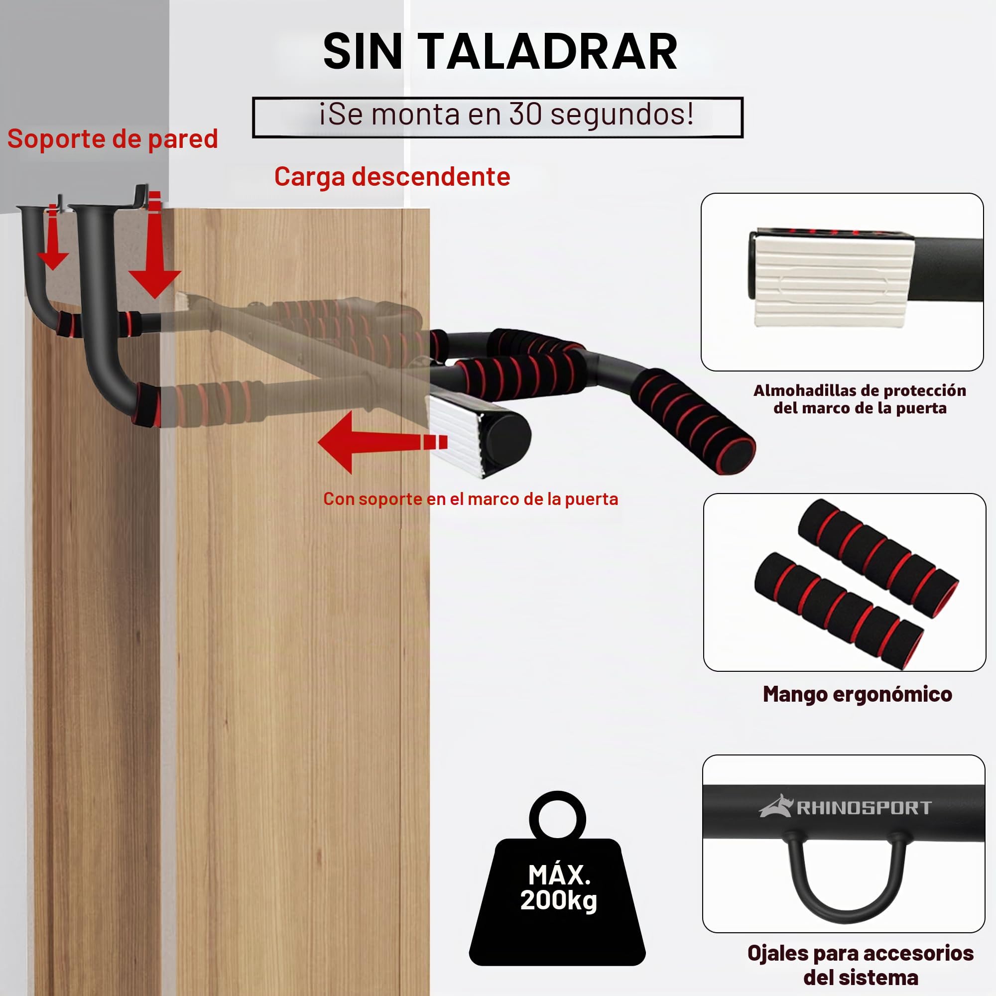 Rhinosport Barra de dominadas 4 en 1 para Puertas de 65 a 92 cm (27,1 en 36,2 Pulgadas) Barra Ajustable Barra de ejercicio para puerta Barra de pull-up para puerta