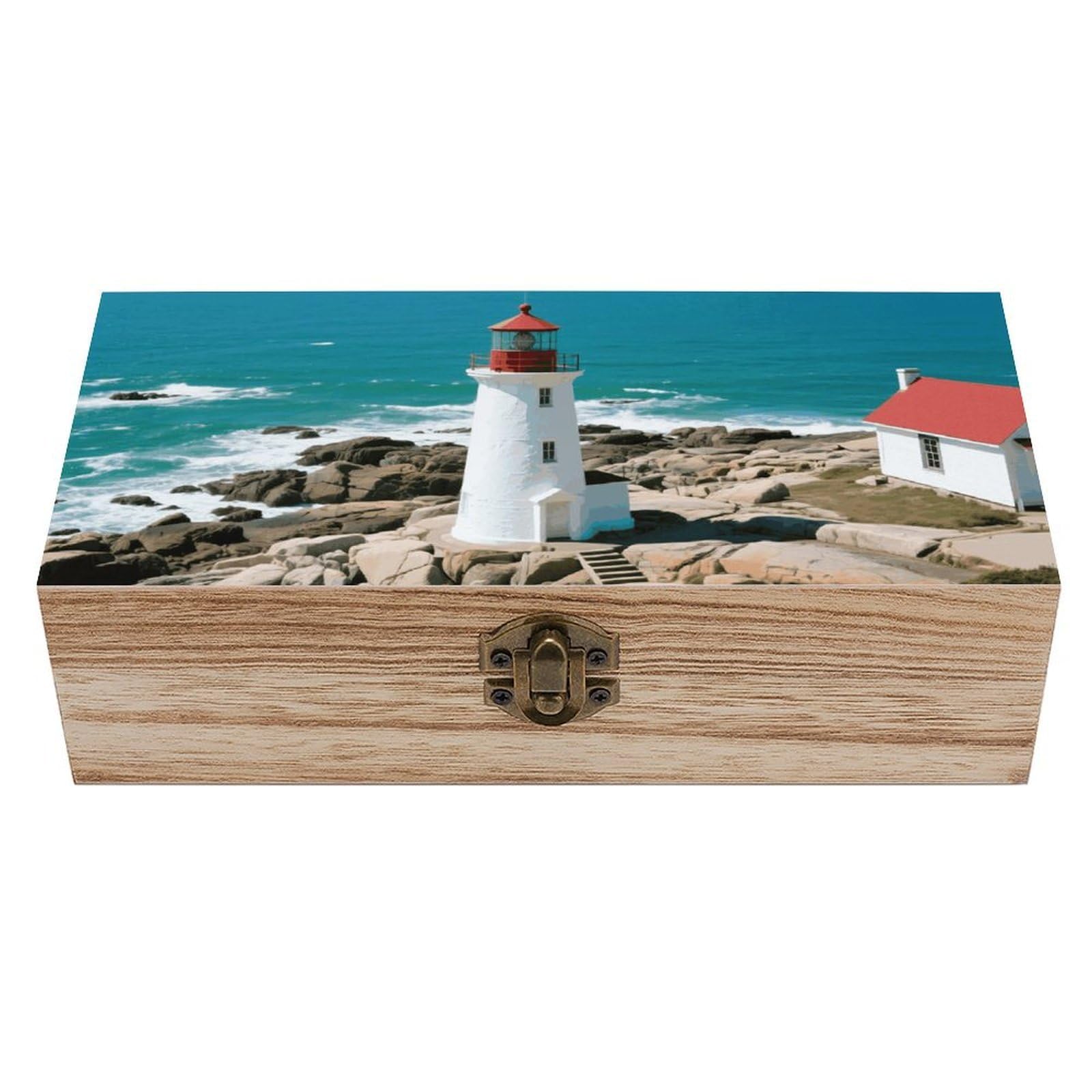 FodPand Decorative Keepsake Box Wooden Storage Boxes with Hinged Lid Handmade Lighthouse Wood Organizer Memory Treasure Box for Jewelry Craft Card Photo Storage Wedding Bridal Shower Gifts
