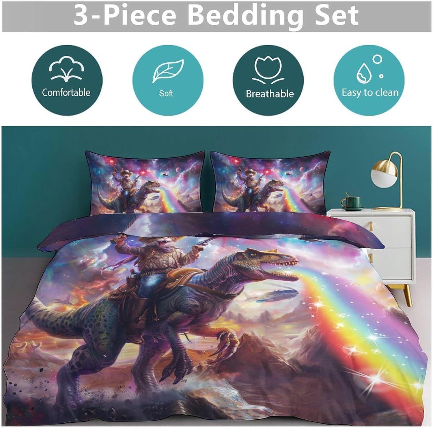 Funny Cat Riding Dinosaur Comforter Set - Space Rainbow Duvet Cover Bedding Set for Boys Girls Kids Teenagers Adults - Twin Full Queen King Size Quilt Set With 2 Pillowcases 68"x90"