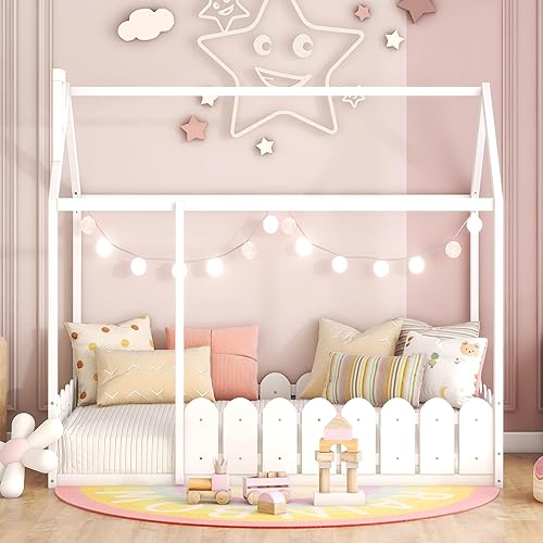 Miniatura 13 de Cama de casa Queen con techo de madera, camas Montessori para niños, marco de cama de piso de madera para niñas, niños, adolescentes y adultos, no