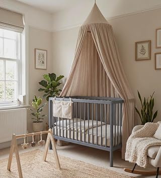 Mokee Mini Cot Bed Space Saving Cot - Wooden Crib with Adjustable Height - Converts to Toddler Bed - Scandinavian Design (Stone Blue)