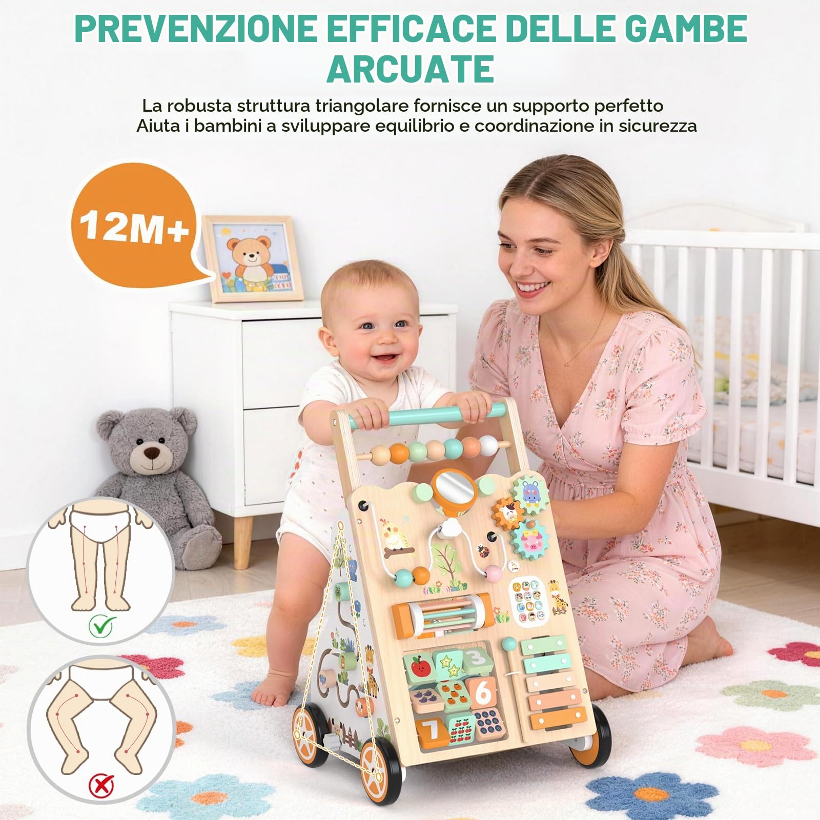 Carrellino Primi Passi Legno Montessori Girello Bambini 12 Mesi+ | Due altezze (500/547 mm) e Velocità Regolabile: Cresce con il Bambino e Mantiene un'andatura Sicura e Sempre Sotto Controllo