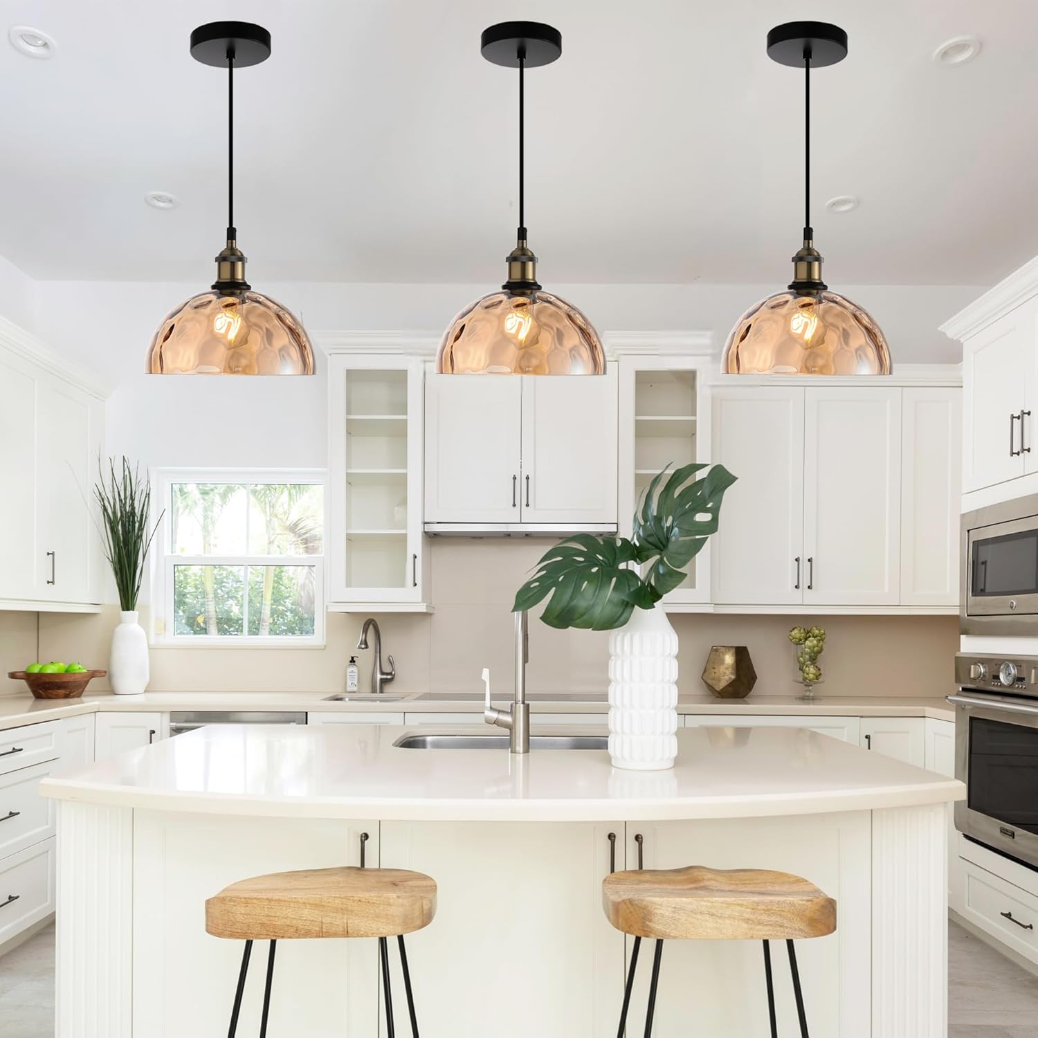 Modern Amber Glass Pendant Light, 9.84“ Mid Century Dome Lampshade Hanging Lamp Shade, Boho Chandelier Ceiling Lighting Fixture for Kitchen Island Dining Room Bathroom Hallway Foyer