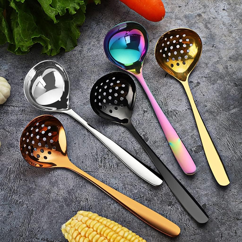 Tea Spoons Stainless Steel Soup Spoon Thickened Colander Set Large Long Handle Soup Spoon Filter Household Drinking Spoon Two Pieces Ice Tea Spoons (Color : Gold) (Silver)
