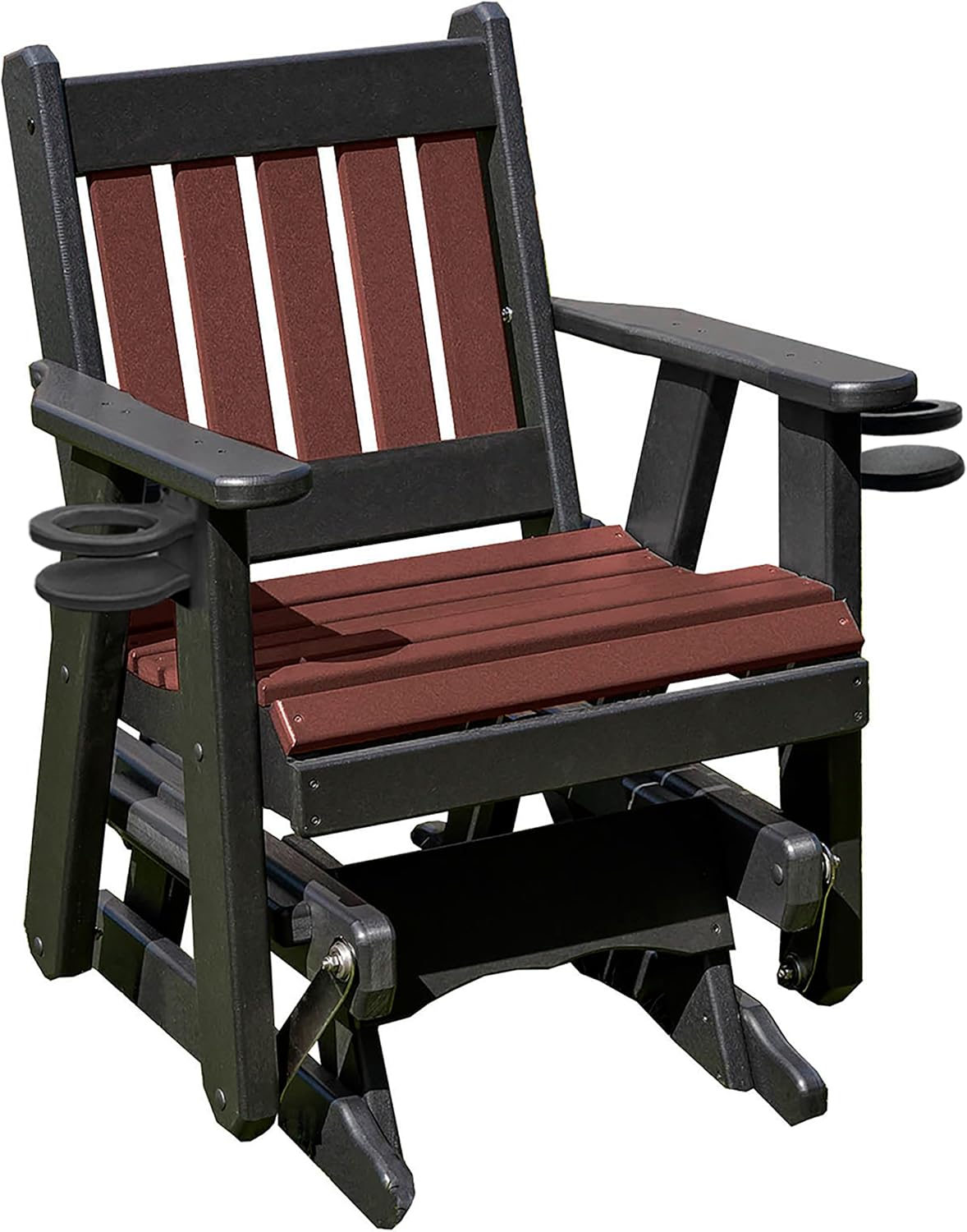 Ecommersify Amish Mission-Style Glider Chair - 2FT (Gray on Black) - Recycled HDPE Poly Lumber - Made in USA - Stainless Steel Outdoor Furniture - 500 lb Capacity with Cup Holders