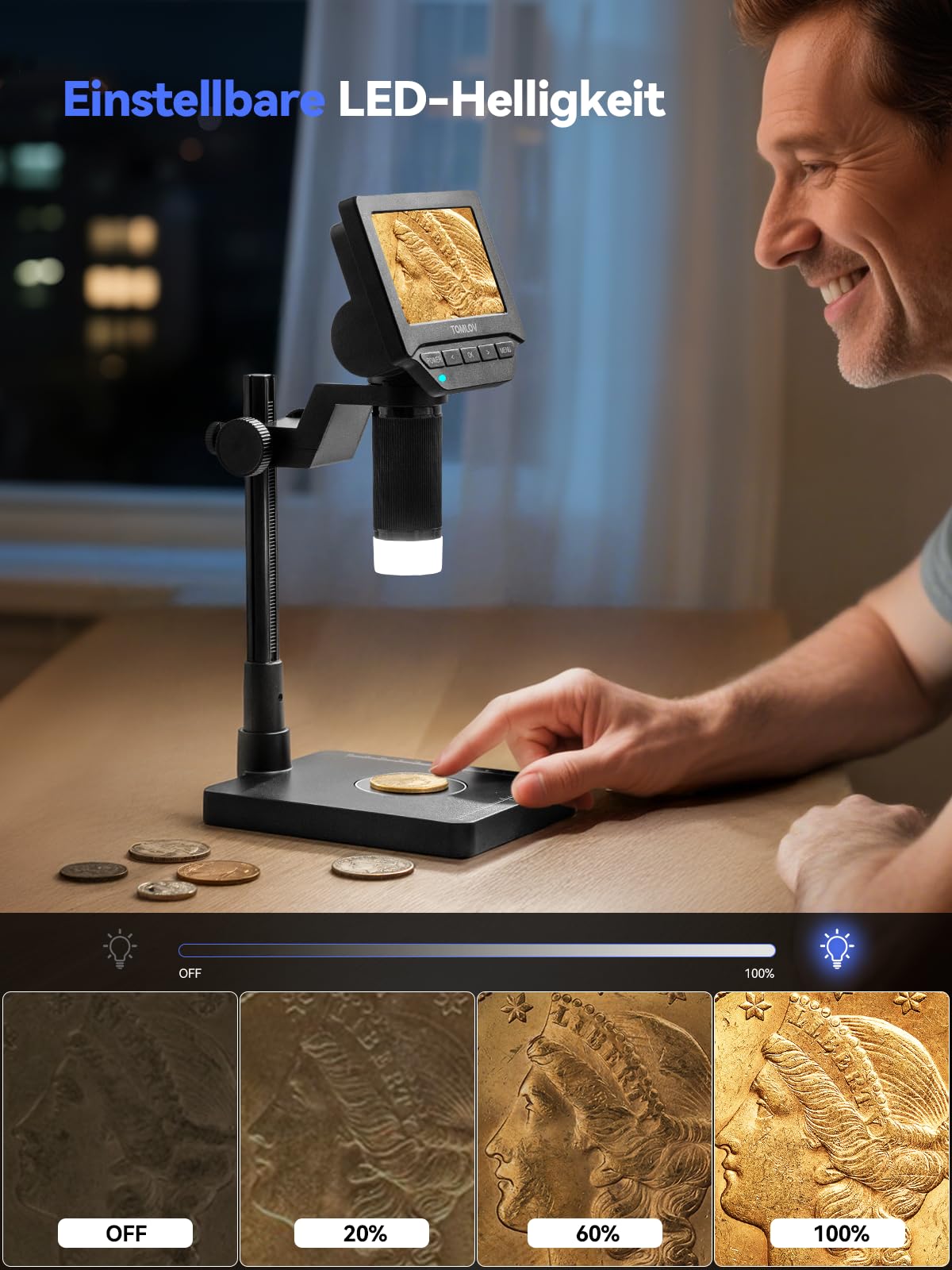 TOMLOV DM4W Mikroskop Digital mit Waage: Münzmikroskop mit 4,3" IPS-Bildschirm, USB Münzlupe mit LED-Beleuchtung, Präzisionswaage für Sammler, Juweliere, PC/Mac-Kompatibel